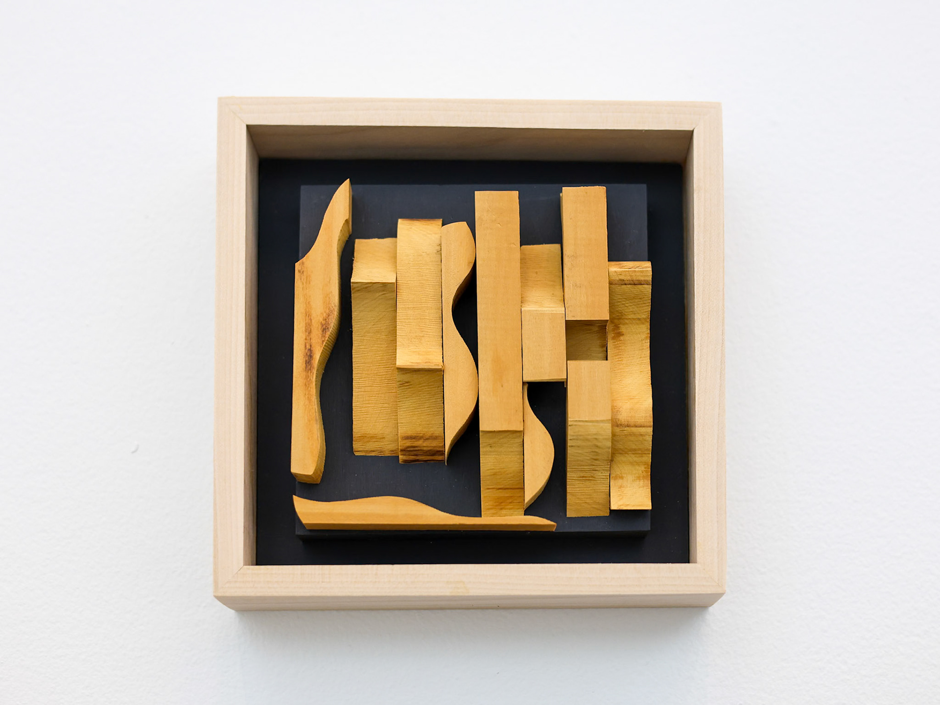 "Riddle Me", bandsaw cut yellowheart, painted plywood, handmade poplar frame