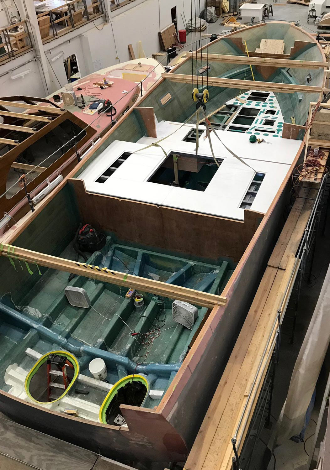 Modules are dropped into place | Photo By Lyman-Morse Boatbuilding