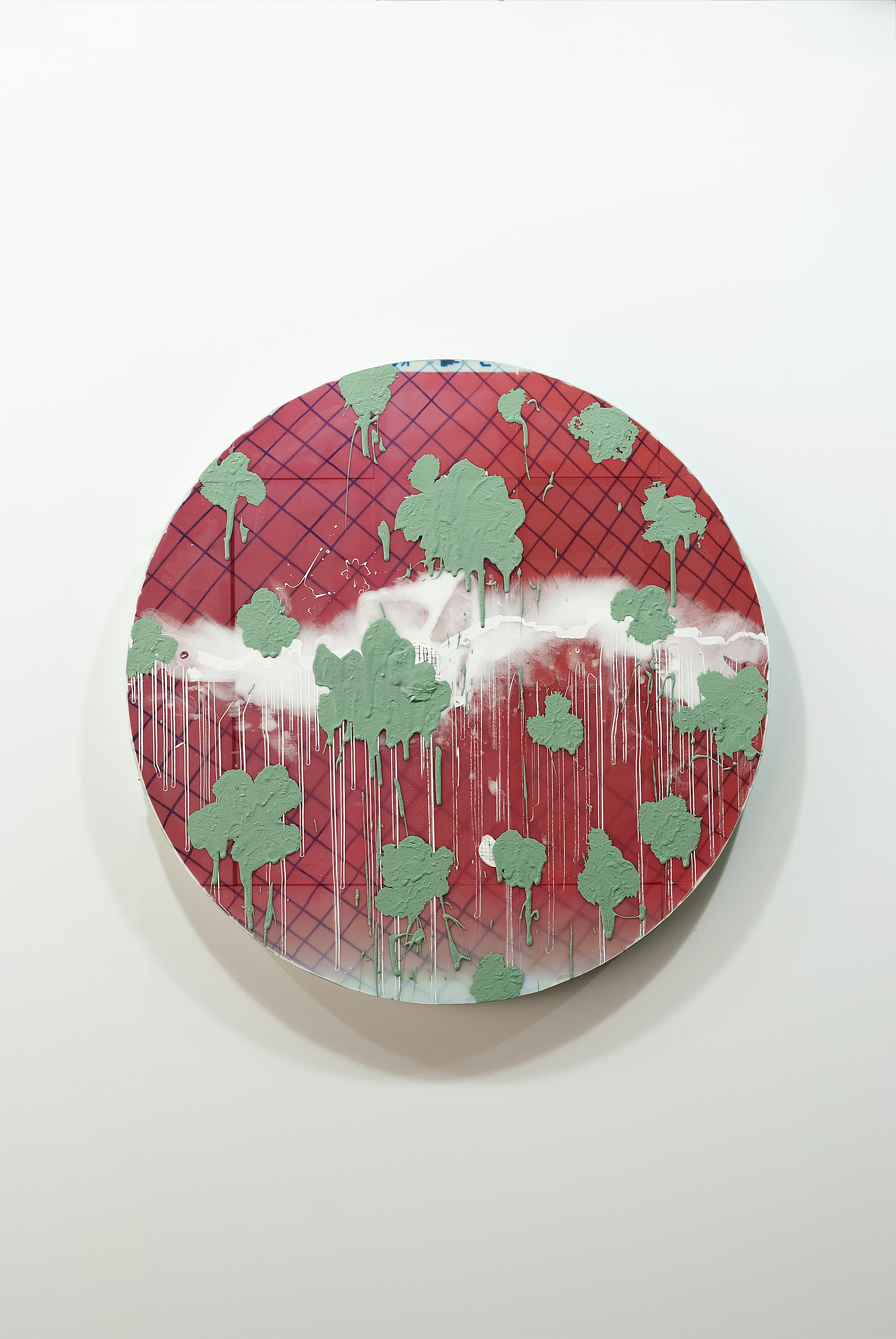 2303002 Case 1, 2023, Pencil, Acrylic, Epoxy Resin, Modeling Paste, Pigment Printed Papers on Canvas, Dia. 92cm