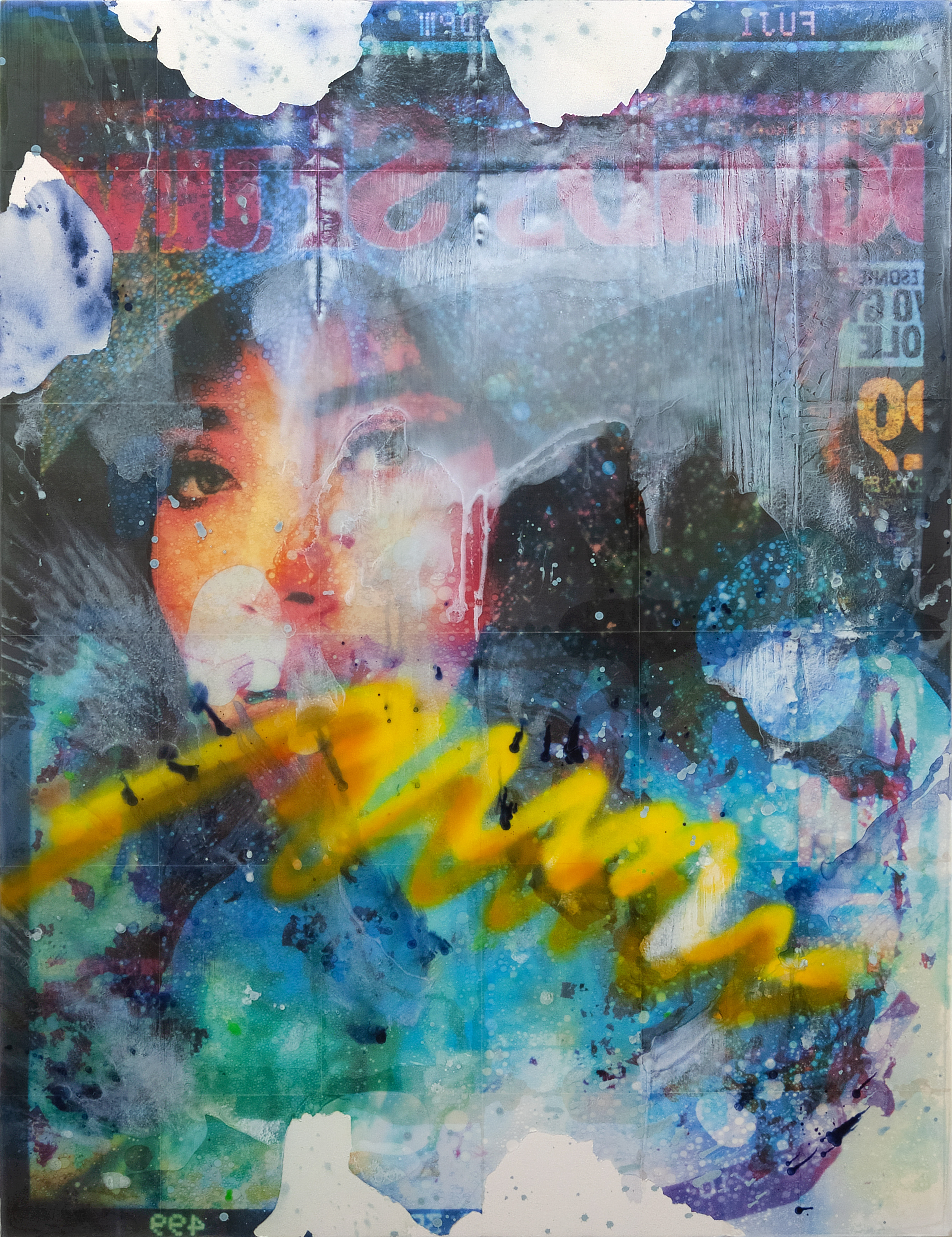 2406003 Herstory, 2024, Acrylic, Epoxy Resin over Pigment Printed Paper on Canvas, 162.2 x 125 x 3.3cm