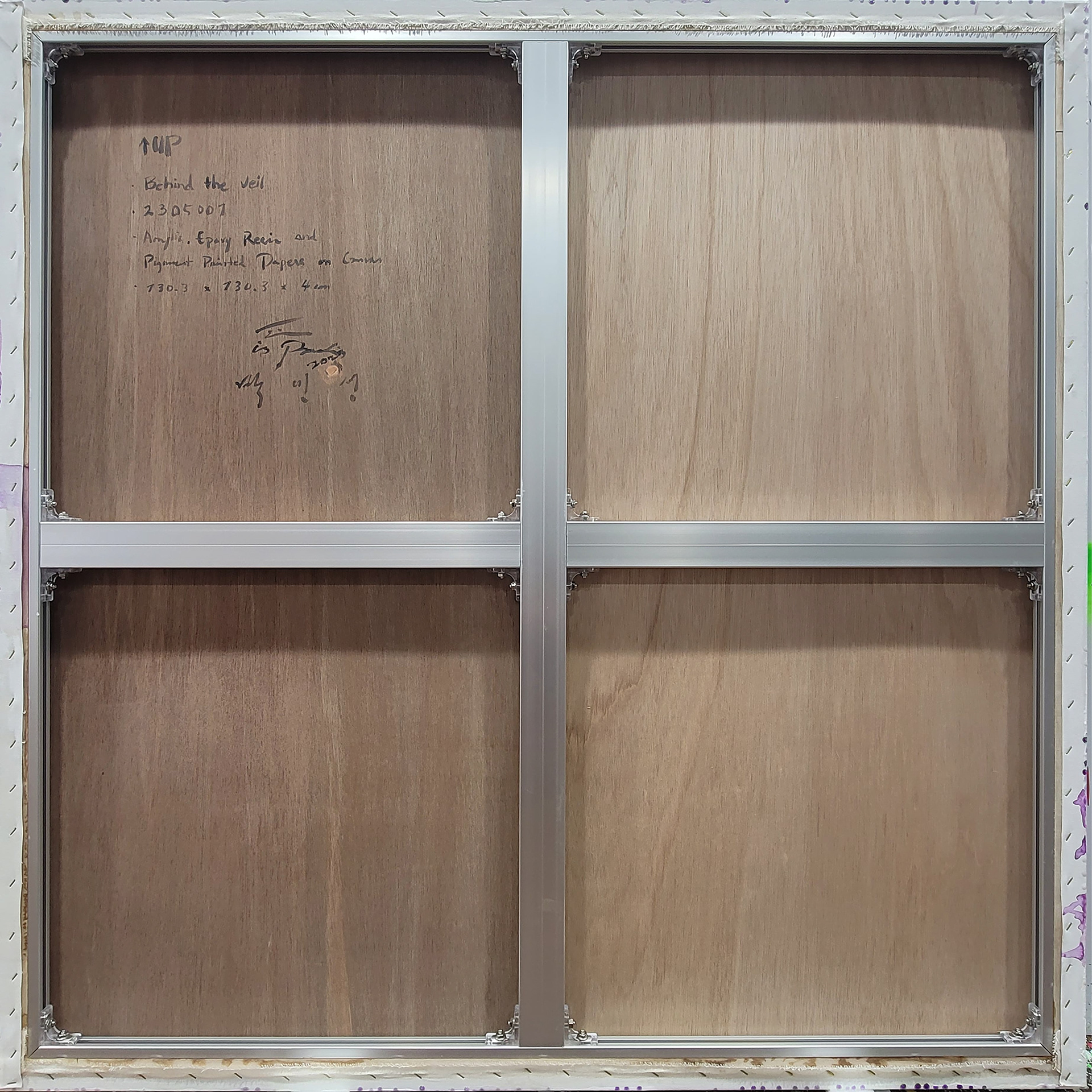 2305001 Behind the veil, 2023, Acrylic, Epoxy Resin, Pigment Printed Papers on Canvas, 130 x 130 x 4cm