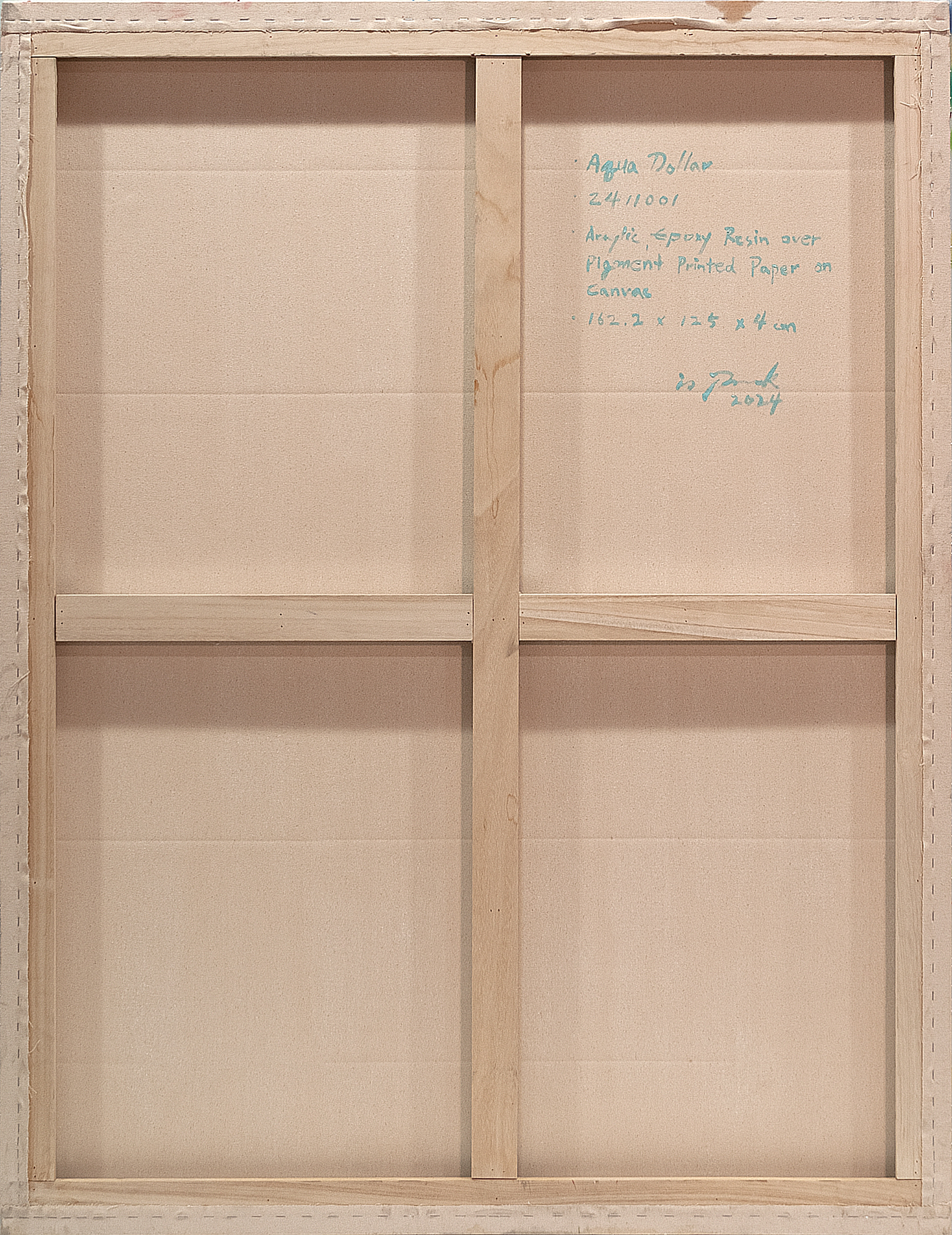 2411001 Aqua Dollar, 2024, Acrylic, Epoxy Resin over Pigment Printed Paper on Canvas, 162.2 x 125 x 4cm