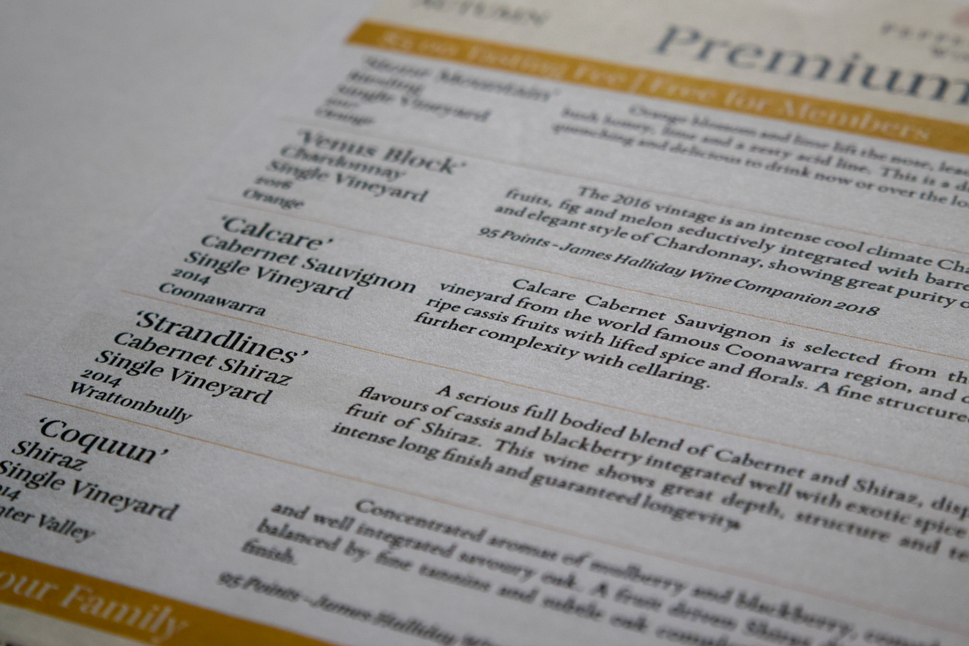 Earlier version of cellar door tasting list