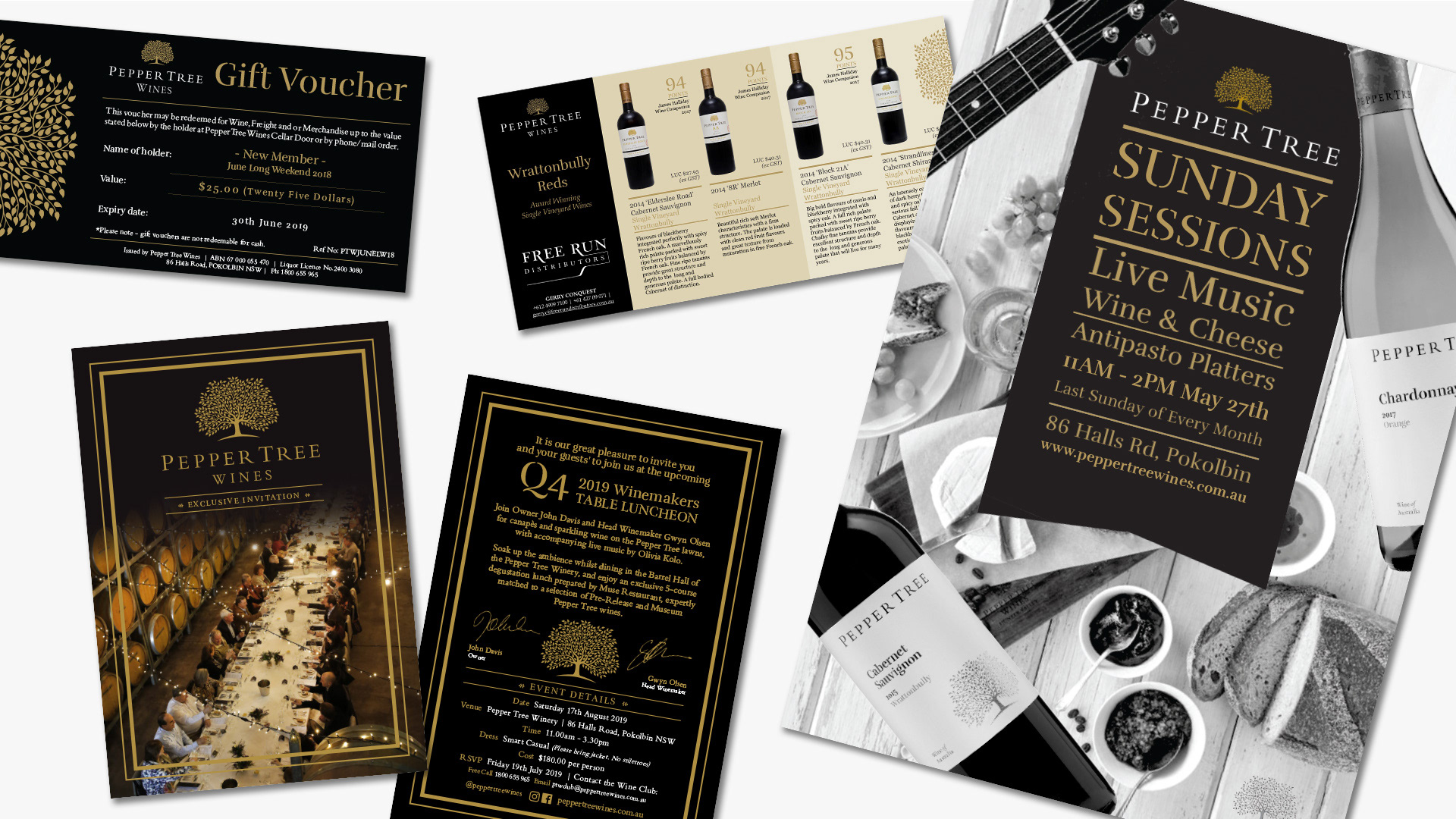 Various in-house collateral: gift vouchers, event invitations / promotions, wholesale promotions