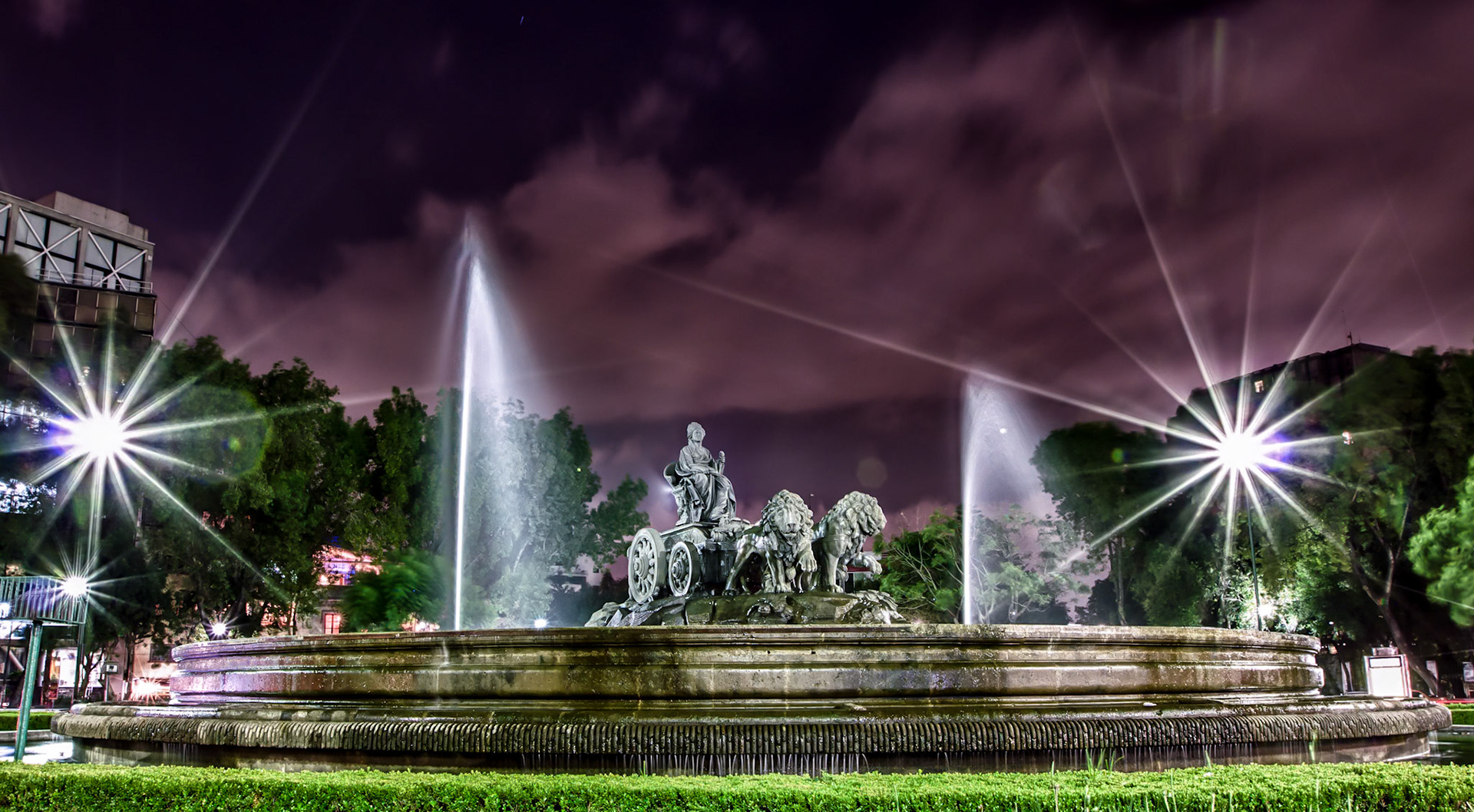 The Cibeles Fountain replica in Mexico City, at night