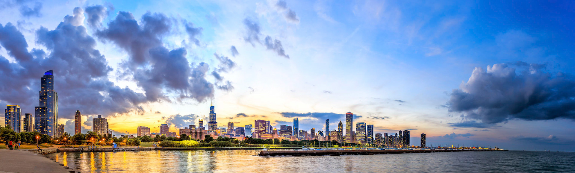 Chicago Skyline as seen from the Aquarium, Sunset. http://facebook.com/GeekFoto