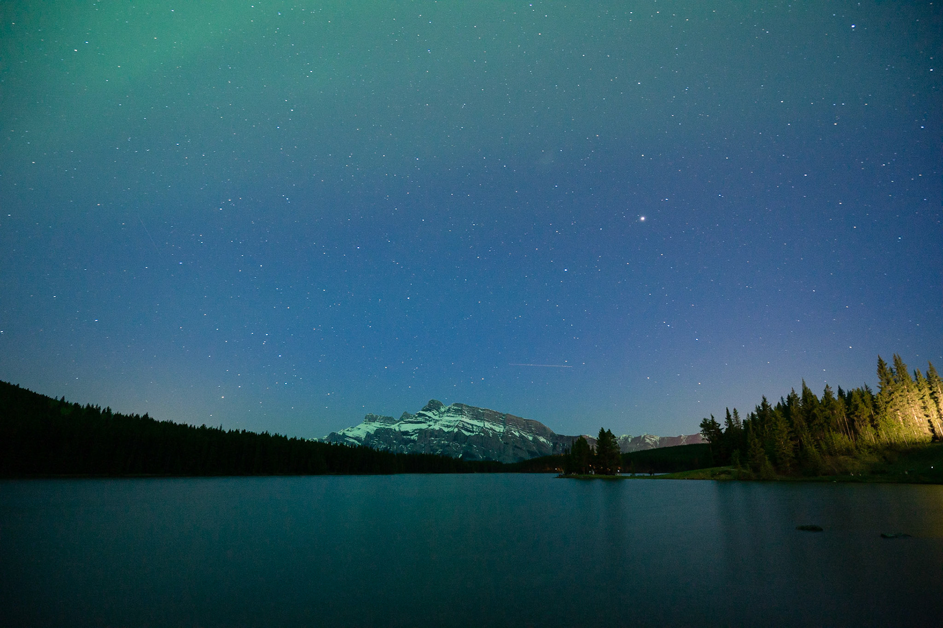 Looking towards Mount Rundle from Two Jack Lake, with a lovely display of Northern Lights