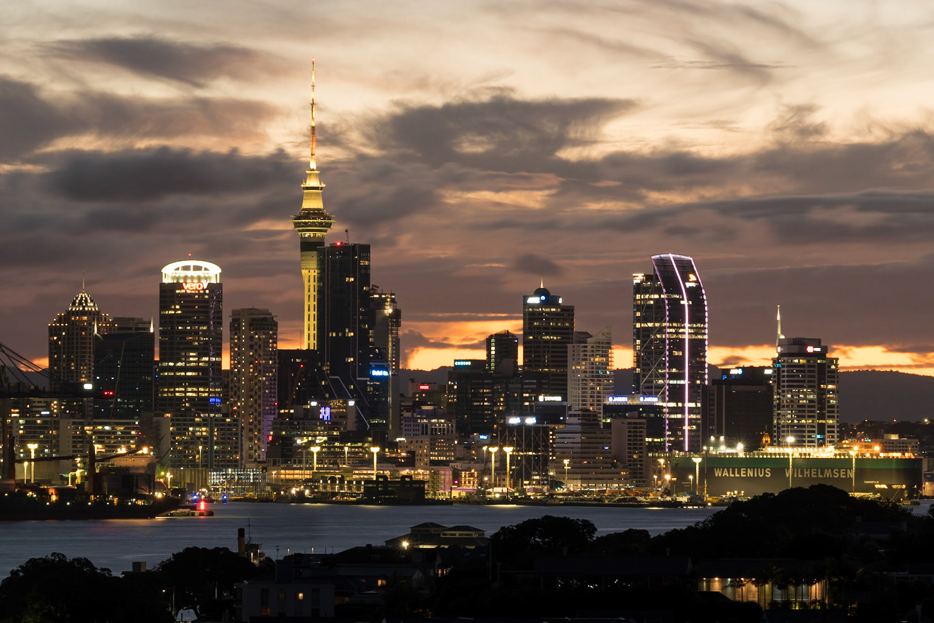 A long exposure photo of Auckland city after sunset, taken from North Head.
