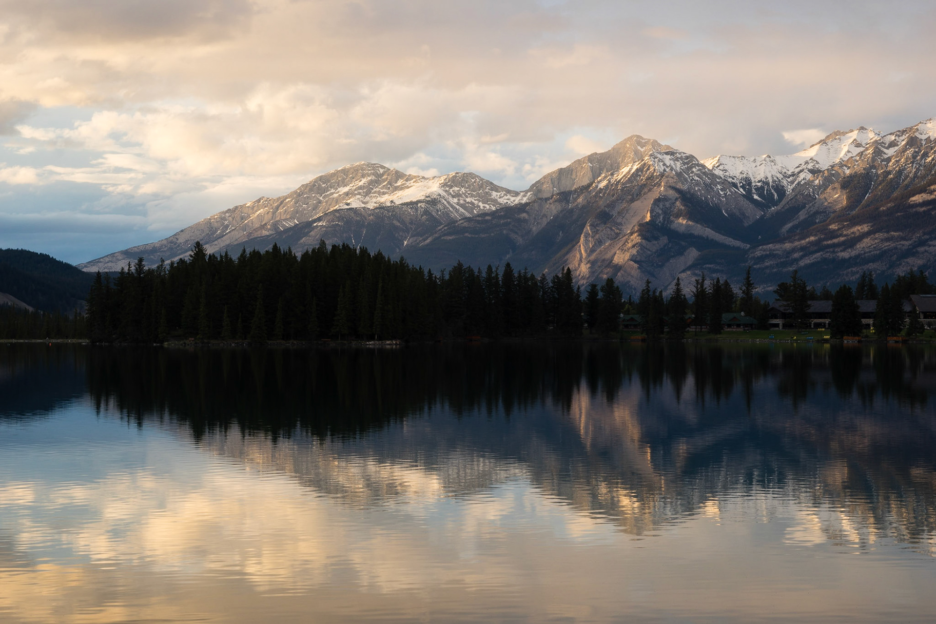 Reflections at dusk. Beauvert Lake, near Jasper AB.