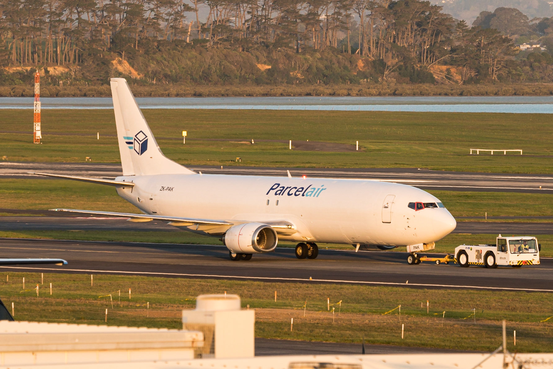 Parcelair Boeing 737-400 ZK-PAK under tow in Auckland.
