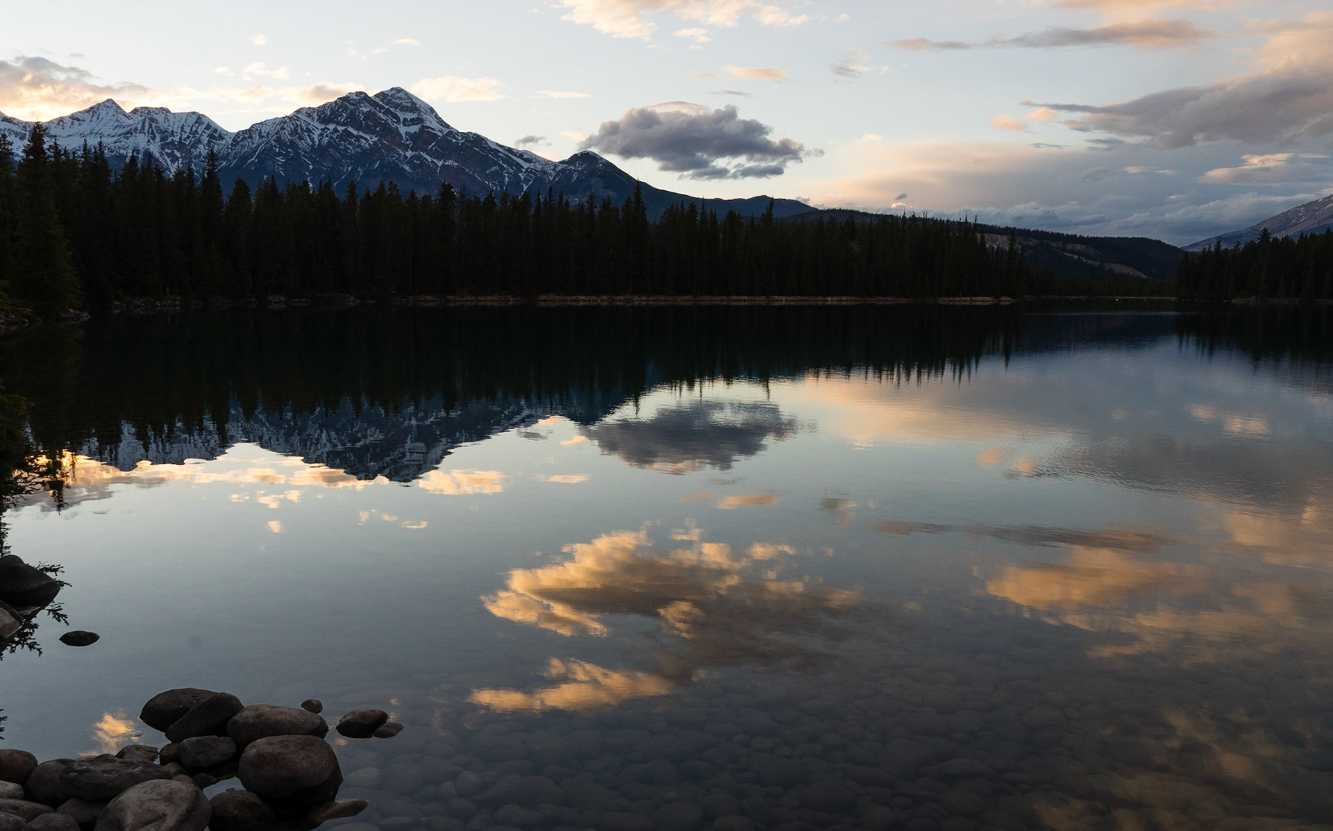Reflections at dusk. Beauvert Lake, near Jasper AB.