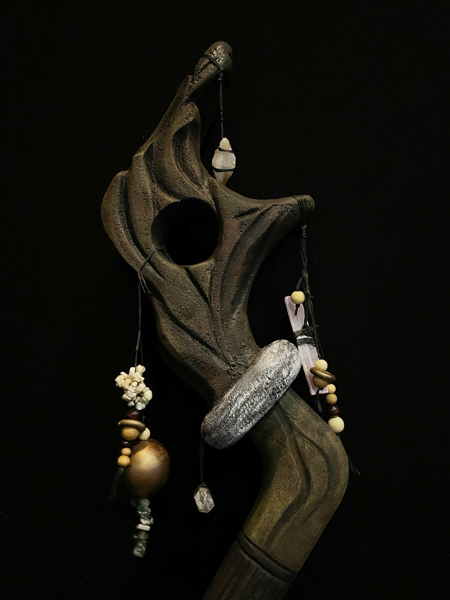 Fae's Walking Staff - CNC wood core, Manual Carving, Pink Foam Sculpting, Resin, and Paint