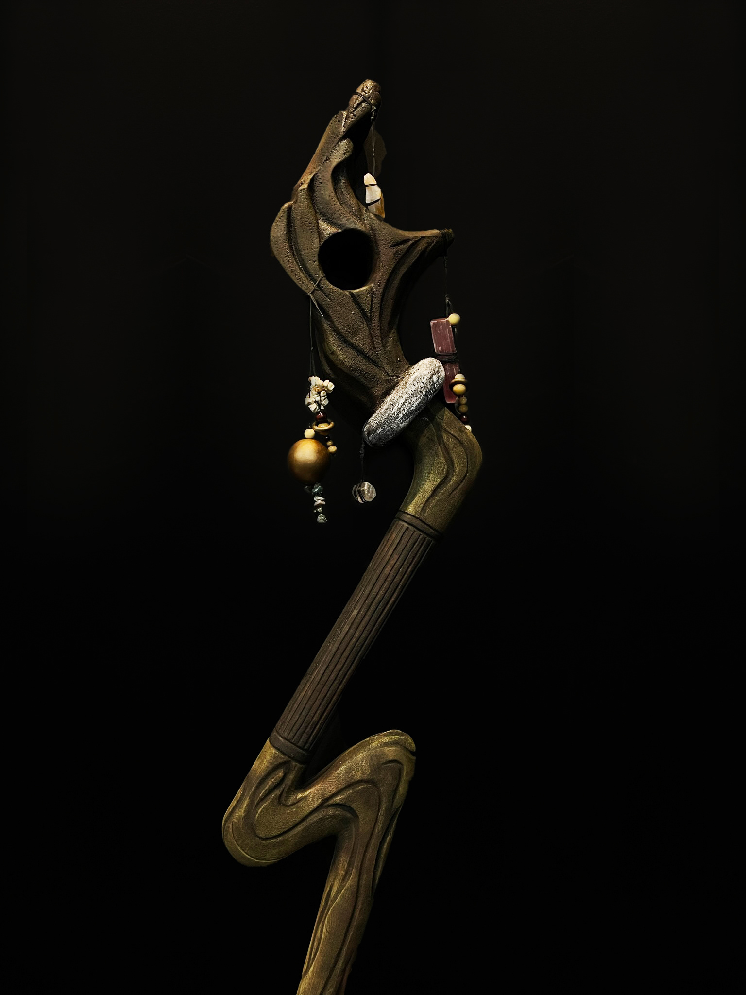 Fae's Walking Staff - CNC wood core, Manual Carving, Pink Foam Sculpting, Resin, and Paint