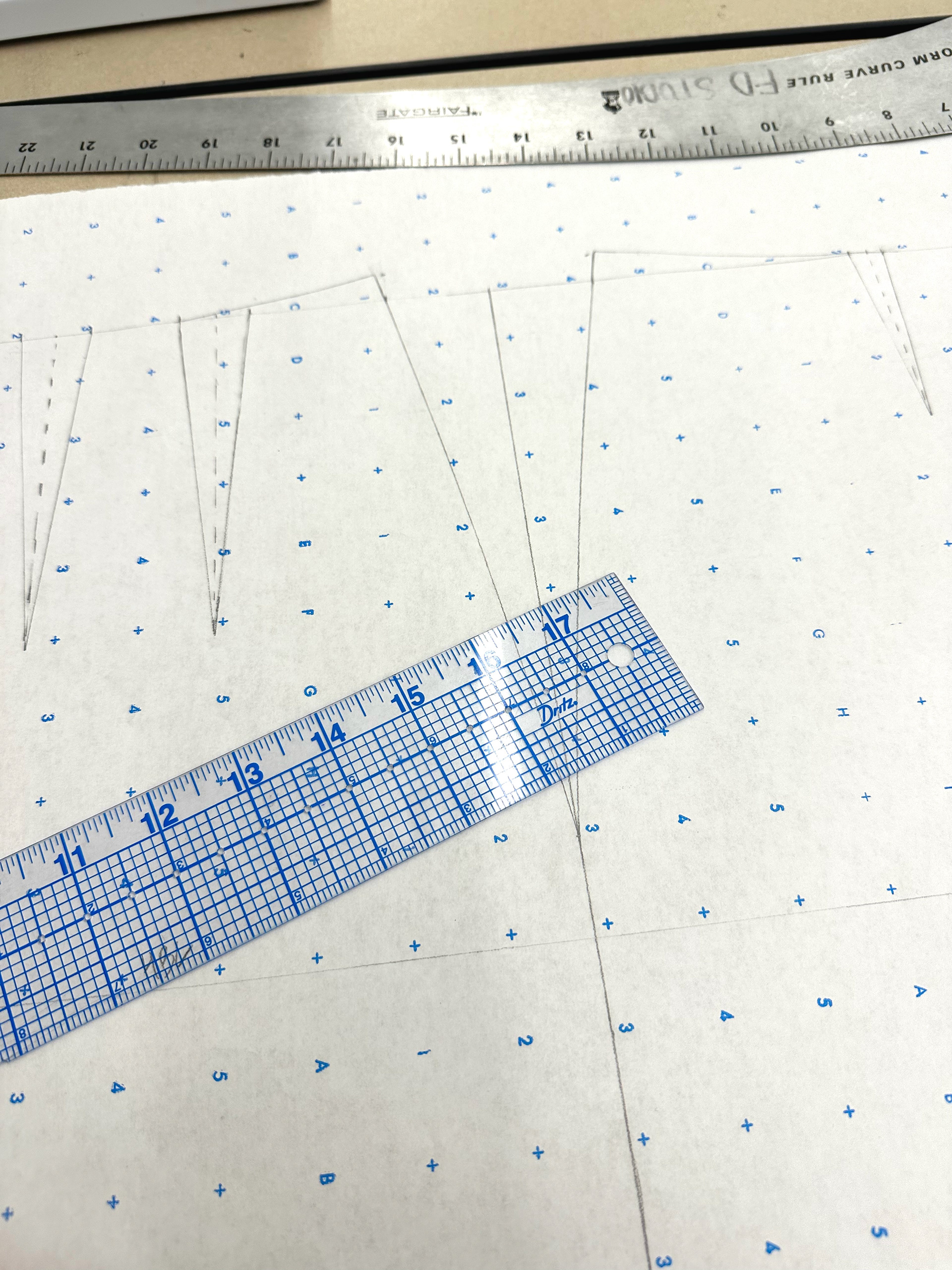Process of drafting the skirt block from my model's measurements.