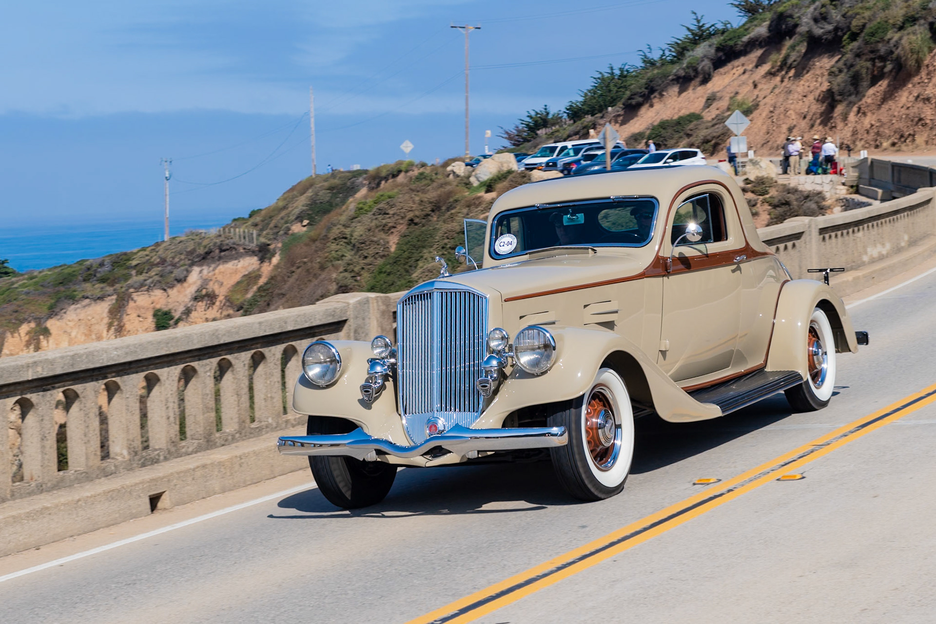 This elegant 1934 Pierce-Arrow is the last of 47 two-door 840A Coupes built and one of only seven known to still exist. It is powered by a 385-cubic-inch L-head straight 8-cylinder engine that produces 140 bhp. Ten body styles were available from the factory, ranging in price from $2,795 to $4,995. This handsome two-passenger coupe is built on Pierce-Arrow’s shorter 139-inch wheelbase and features the marque’s trademark wide-set Frenched headlights and raked radiator grille. The coupe has a golf bag compartment as well as a hidden rumble seat in its elegantly down-swept rear end finished by rear taillights that are also sculpted into the fenders. Although this car is well known on the East Coast, this is the first time it has been shown in the West.