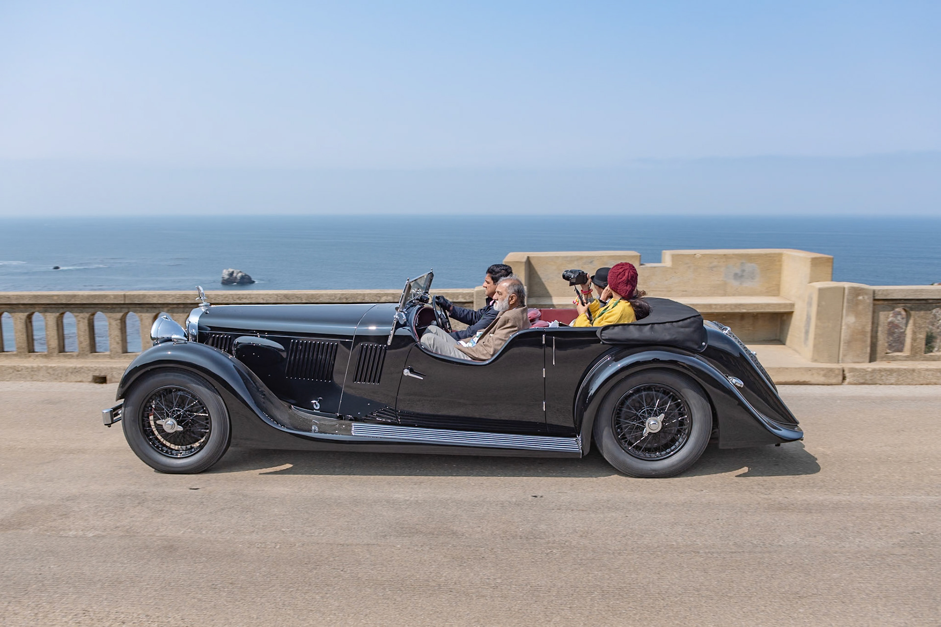 The Alvis Speed 25 was announced in August 1936 and was built at the Alvis factory in Coventry until November 1940 when the factory was badly damaged in an air raid. These 3½-liter touring cars were considered to be among the finest cars produced in the late 1930s. This car was originally ordered and delivered to the Alvis dealer Charles Follett in London with this touring coachwork by Vanden Plas. The Maharaja of Mayurbhanj happened to be passing the London showroom and bought it on sight. The car was used by the royal family of Mayurbhanj in Calcutta for many years before it was acquired by its current owner.