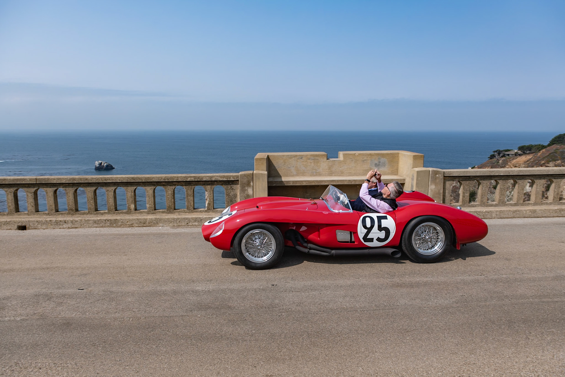 For the 1956 season, Ferrari developed a new 2-liter engine to outpace its main rival, the Maserati 200 S. Designed by Ferrari’s new chief engineer, Vittorio Jano, the new 4-cylinder engine used Aurelio Lampredi’s Mondial 500 as a starting point. The new engine was given bright red cylinder heads, and the name Testa Rossa was born. Scaglietti created the body for the 500 TR, and the new car first raced in the 1956 Monza Supercortemaggiore where Peter Collins and Mike Hawthorn secured victory. This Testa Rossa (chassis 0600MD TR), is that first Testa Rossa, which was delivered to the Ecurie Francorchamps team. It raced throughout Europe in 1956 then was sold back to the factory. After three lesser races with Francois Picard, Ferrari sent the car to Luigi Chinetti to be raced at Nassau in 1958, but it was crashed by Pedro Rodriguez and returned to Scaglietti to be rebodied with pontoon-fenders. Rodriguez raced the rebodied car at Le Mans, then it was sold to Jim Hunt and Lucky Casner, who raced it successfully in the United States in 1959, its last competitive year.