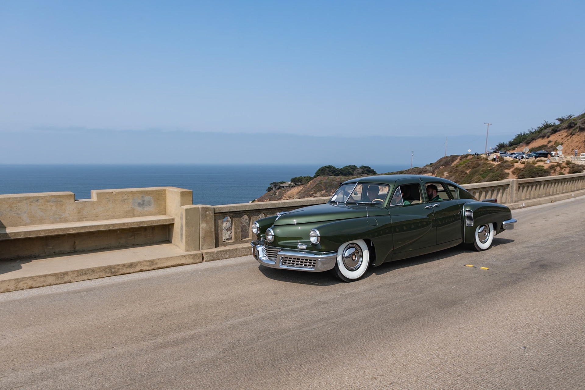 his car (chassis 1044) was the 44th of the 51 Tucker production cars built. After the Tucker factory closed at the end of October 1948, it was one of eight cars assembled by its designer, Alex Tremulis, and a handful of Tucker workers on their own time. Howard and Rosalind Kroplick purchased the automobile in January 2017, and since then, the Tucker has been driven fewer than 500 miles. The car is one of eight Tuckers originally finished in Andante Green with a green wool broadcloth interior.
