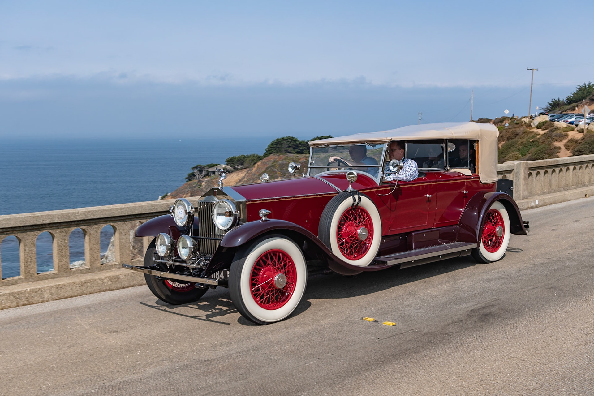 Known as “The Duchess,” this Phantom I Dual Cowl Torpedo Phaeton (chassis 43AL) was built in England and fitted with coachwork by Barker of London. The car boasts several upgrades, including cowl-mounted Zeiss spotlights and a trunk rack complete with a rare Brooks travel trunk. With the tall Auster windscreen to shield its rear passengers, the car was designed for continental touring for its first owner, Sir John Harmsworth, who owned the London Daily Mail newspaper and founded the Perrier Sparkling Water Co. His car was ordered as an exact replica of the Phantom I owned by Sir John’s brother, Lord Rothermere, that later appeared in the film Supergirl starring Faye Dunaway. Sir John owned the car for four years until his death in 1933, and then it passed through five different owners before being purchased by the current owner’s father in 1963. After restoring The Duchess, Irving Jensen Sr. showed it at the Pebble Beach Concours in 1976, when Irving Jr. was just 8 years old. The car is now in the hands of Irving Jensen III.