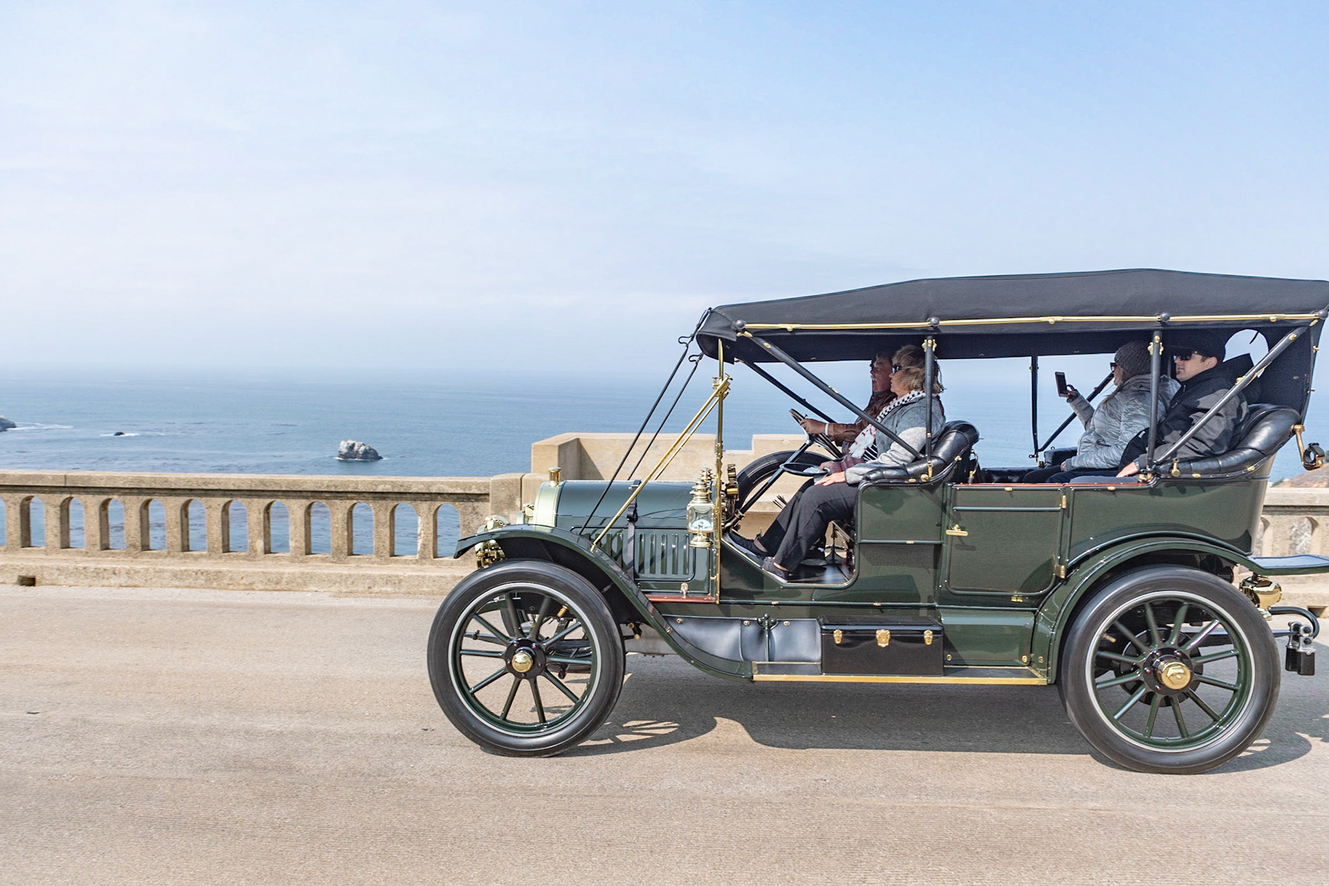 Colonel Albert Pope was one of the most celebrated industrialists of the late 1800s. He started building automobiles in the 1890s with the introduction of the Columbia Electric, and his empire grew to include the Pope-Tribune, the Pope-Toledo, the Pope-Robinson, the Pope-Waverley, and the Pope-Hartford—the most luxurious Pope car and the only one built at the company’s headquarters in Hartford, Connecticut. The original owner drove this Pope-Hartford Model T for three years, then died, and the car was left untouched for years. The present owner acquired the car in 1995 and has used it extensively on many tours. It has a top speed of 59 mph from its 300-cubic-inch engine. The car has recently been refreshed and is presented in its original Brewster Green color scheme.