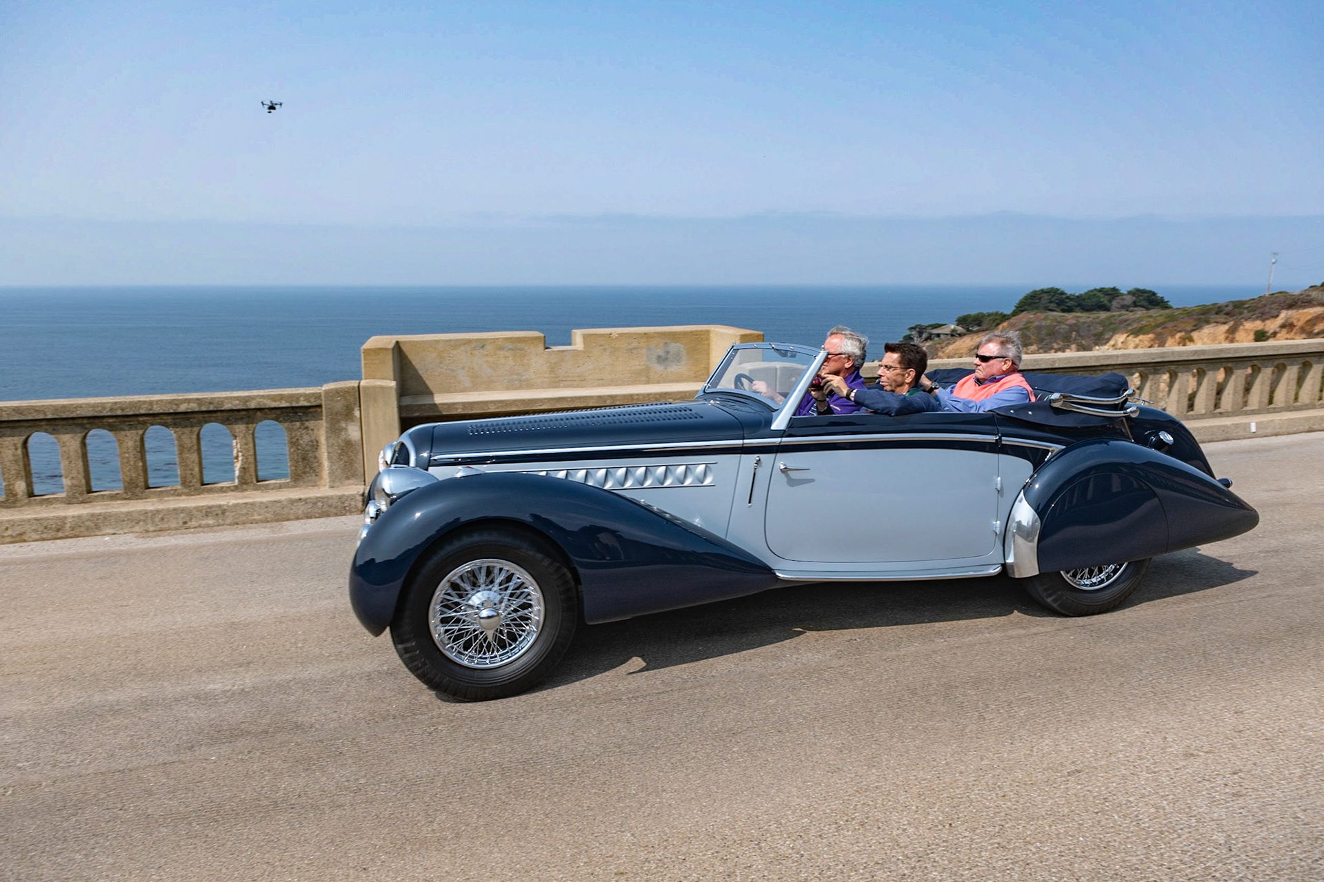 The Delahaye 135 M (Modifie) was based on the original Delahaye 135 first shown in 1935. Combining luxurious bodywork with Delahaye’s race-winning engineering, the Delahaye 135 M is one of the most desirable cars from the prewar era. This 1937 Delahaye 135 M Convertible Coupé (chassis 48700) is from the French Carrosserie Henri Chapron. Built on Delahaye’s shorter competition chassis, it has a 95-hp 3.5-liter engine fitted with triple Solex carburetors. The sporty body with its sharply raked one-piece windshield sits low to the ground and features beautifully sculpted teardrop fenders accented by round vents on the side of the hood and a chrome beltline moulding that extends from the radiator surround back through the doors before falling smoothly off at the tail. The car has just been restored by its current owner.