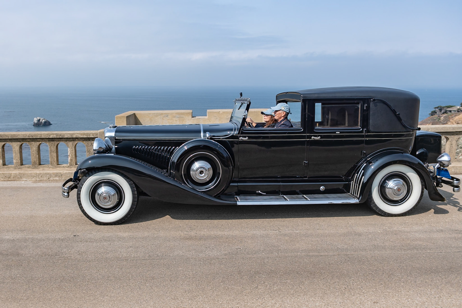 This Duesenberg Model J Berline (J374) has Rollston’s open-front, town car coachwork. Rollston bodied some of the finest American marques during the 1930s, including 57 bodies created for the Duesenberg Model J and JN chassis. This Duesenberg has the skirted fenders and 17-inch wheels typical of the mid-1930s trend toward a more streamlined look. Rollston’s design used the length of the chassis to make a perfectly proportioned automobile on both the outside and inside, which features beautiful inlaid wood panels. Purchased new by a Chicago banker, this car was sold in 1942 to its next owner, and in 1959 to the Snyder family, with whom it still resides today. This is a very original, low-mileage example of a formal-bodied Model J Duesenberg and it has won the Snyder family many awards over the last 60 years.