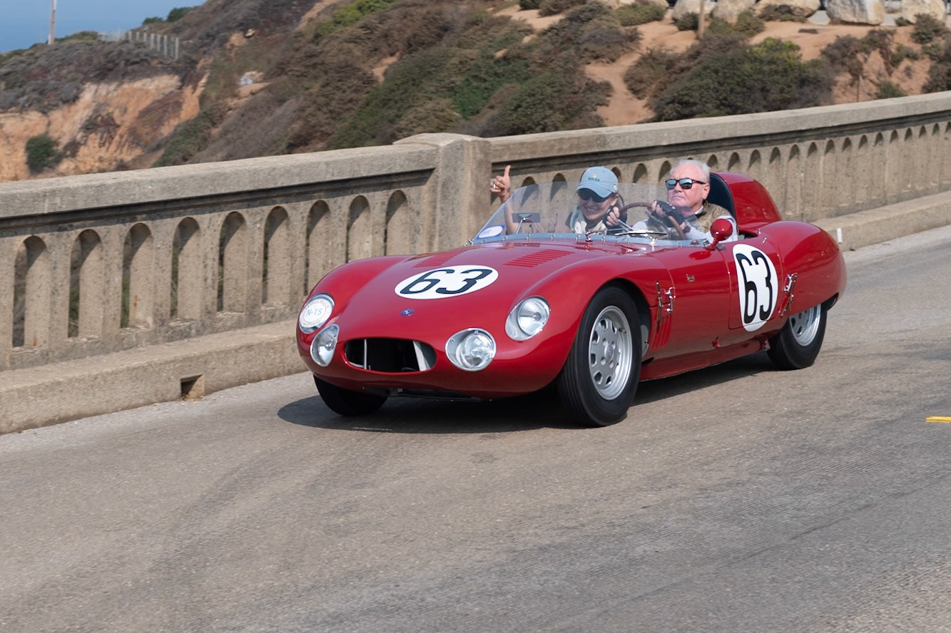 This little OSCA 750 S was known as “The Giant Killer.” Just 18 OSCA 750 S models were constructed, and all were intended for the 750 cc class in endurance racing to compete against the similar Lotus 11s, Fiat-Abarths, and Moretti 750s. The factory first entered a 750 at the 1956 24 Hours of Le Mans, and the car continued to race with various successes in Europe and the United States up until 1960. This car (chassis 769) is one of four OSCA 750s with a clamshell body. It was built by the factory for its first owner, John “Jack” Gordon, and in its first race season, it placed twelfth overall and first in its class at the 1960 Sebring 12 Hours, driven by Gordon and John Bentley. During the next five seasons, the car was raced at Sebring three more times and then at almost all the SCCA race meetings in the Northeast and Midwest, finishing in the top three places in over 80 percent of those races. Later owners included Peter Wessel and Oliver Collins, the latter of which raced it in 25 vintage races. The car was restored in the 1980s, and its current owner bought it in 2014.