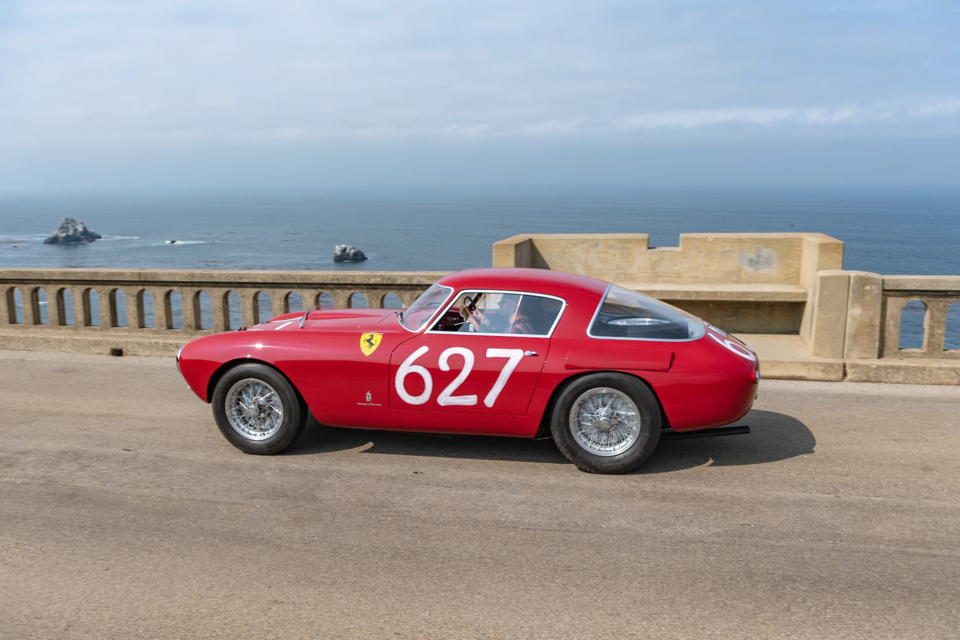 The Ferrari 250 MM was built primarily to compete in long distance road races such as the Mille Miglia and the Carrera Panamericana as well as in endurance circuit races like the 24 Hours of Le Mans. This 250 MM is one of eighteen Coupes designed and built by Pinin Farina on Ferrari’s 94-inch wheelbase with the 2.9-liter, 240-bhp, Colombo-designed V12 engine. This Ferrari (Chassis 0258 MM) was raced in the 1953 Mille Miglia by Count Bruno Sterzi and Giulio Rovelli. After its racing days in Italy, the car was delivered to Luigi Chinetti in New York and then driven by George Arents in several North American sports car races. The current owner has had this Ferrari restored for its debut at Pebble Beach.
