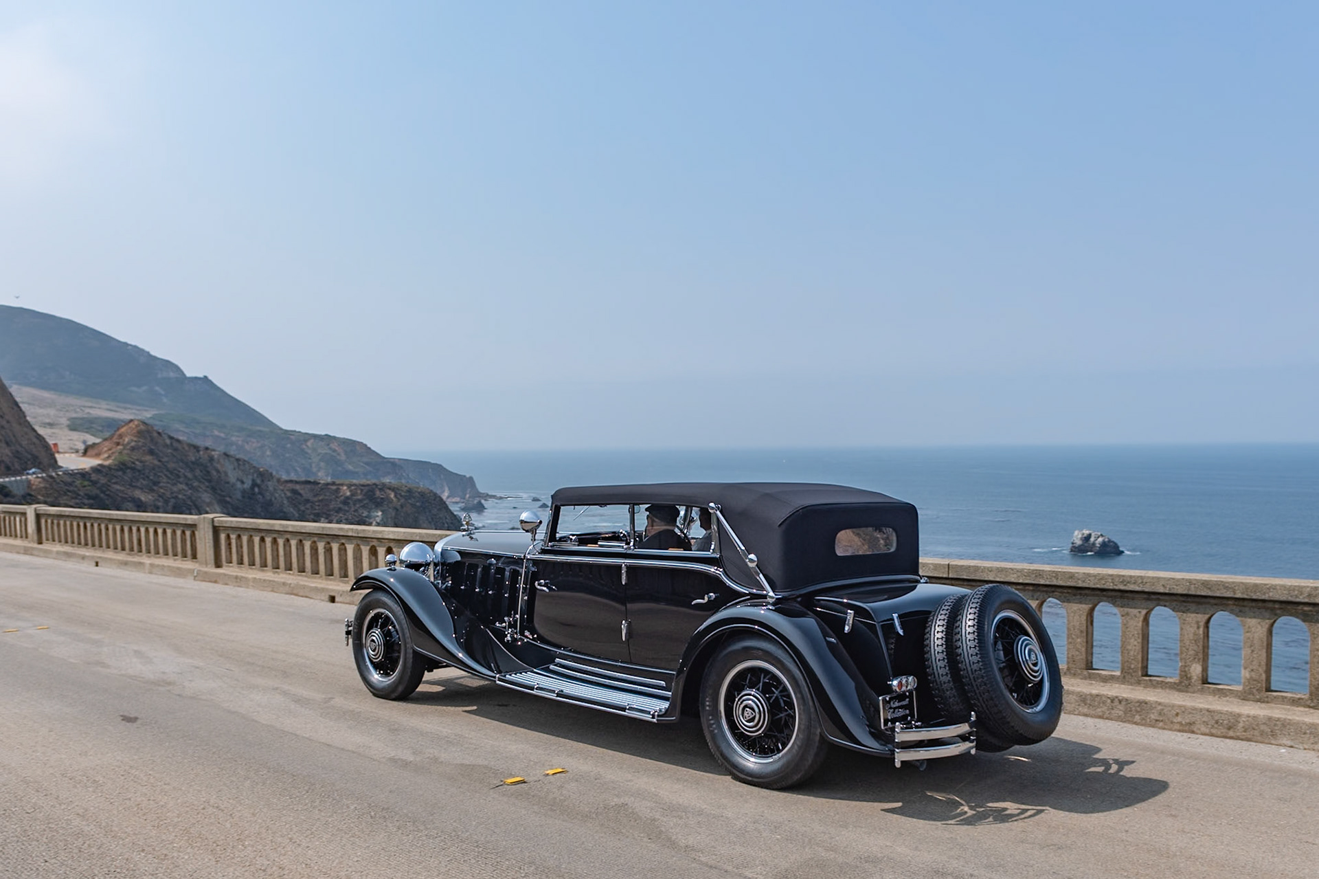 The giant Graf Zeppelin airship of 1928 was powered by the 12-cylinder Maybach engine, but the first Maybach motorcar to use the same Doppel Sechs (Double Six) engine was introduced in 7-liter form a year later. The name “Zeppelin” was reserved for the fabled 8-liter–engined DS 8, first shown at the Paris Auto Salon in 1930. This colossal automobile, weighing over 6,600 lbs, was fitted with Maybach’s revolutionary pre-selector transmission, which made driving the huge car a whole lot easier, and it was bodied by Karrosserie Spohn of Ravensburg, Germany. It was purchased by J. B. Nethercutt in 1968, after it was located in Warsaw, Poland. The acquisition took over a year, involved miles of red tape, and several trips to Warsaw. Once safely installed in the Nethercutt Collection, the Maybach was restored to its original splendor and was shown at many concours, including Pebble Beach. It was recently freshly restored.