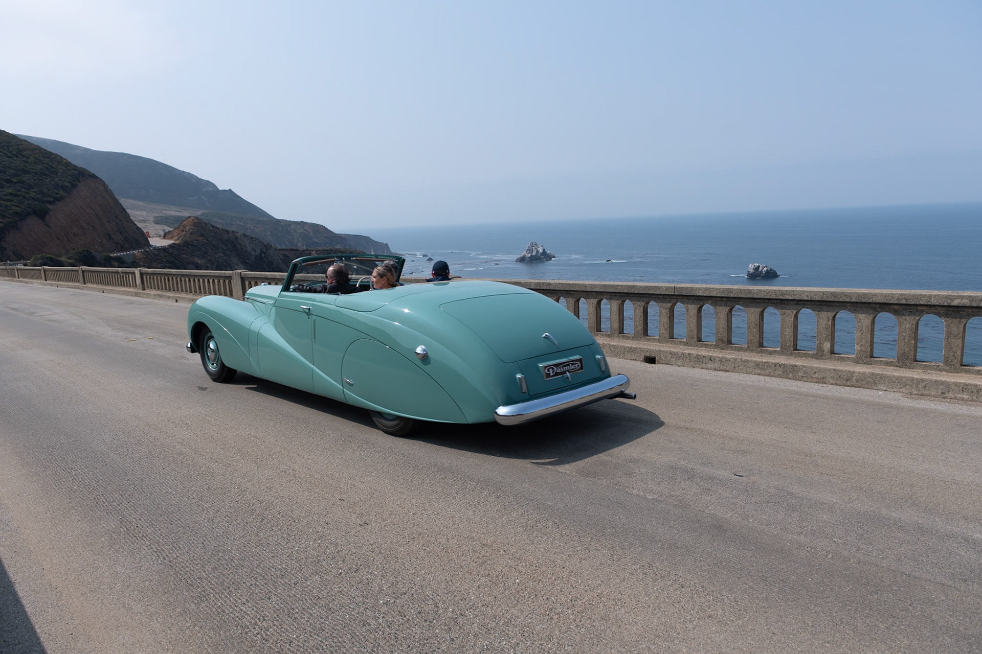 The Daimler DE36 was first made available to the public in 1946 and was offered in saloon, limousine and drophead coupé body styles. Daimler’s customers included the British royal family as well as the royalty of Afghanistan, Ethiopia, the Netherlands, Monaco, Saudi Arabia, and Thailand. A total of 205 DE36 chassis were built before production ended in 1953. This Daimler DE36 is the prototype and the first of seven similar cars with Hooper’s drophead coupé body, designed by Osmund F. Rivers. This drophead coupé was finished in a special jade green, and after the car was first shown at the 1948 London Motor Show, it was quickly nicknamed “the Green Goddess” by the motoring press. The car was often used by Daimler’s chairman, Sir Bernard Docker. While in Daimler’s ownership the car was continually modified and improved until, in 1953, the car was given a new Hooper-built body. The car remained in England until the end of the 1960s, when it was sold to an owner in the United States. The current owner bought the car in 2009.