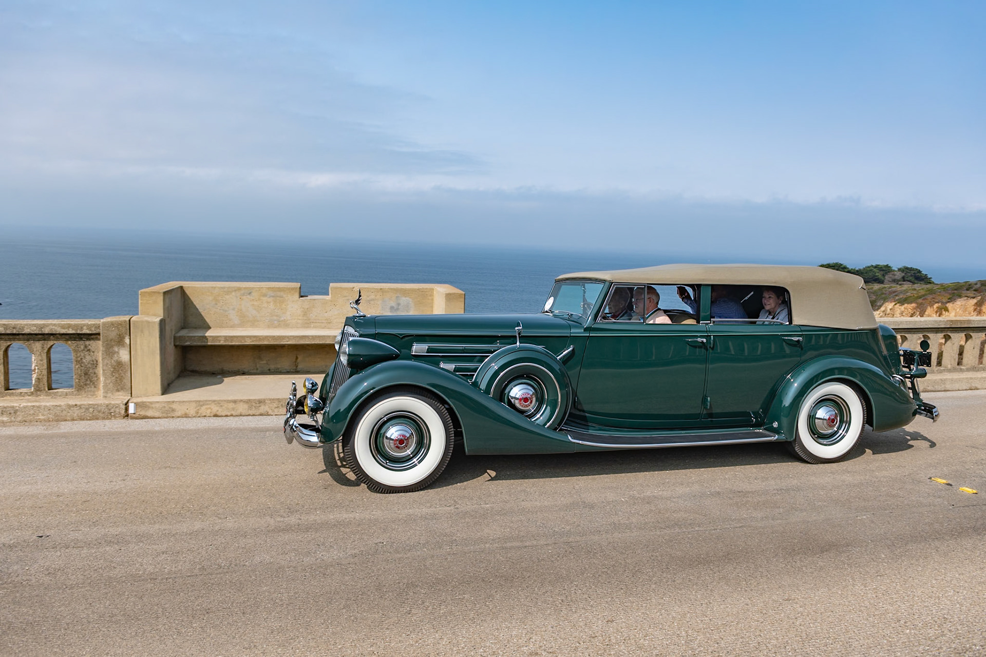 The 15th Series Packards had several mechanical and stylistic improvements over the 1936 models, including “Safe-T-Flex” independent front suspension, hydraulic brakes as fitted to the Senior Packard models, and disc-type steel wheels. The 1508 Convertible Sedan was Packard’s largest and heaviest of the series as well as being the most expensive, costing $5,150 when new. Surprisingly, more Packard Twelves were sold in 1937 than any other year, despite the fact that the country was still recovering from the Great Depression. One of 41 Convertible Sedans built that year, this car’s early life is unknown. But in 1955 it was put into storage in Reno, Nevada, where it remained in original condition until 2008. Its current owners restored it, beginning in 2009 and finishing in 2015.