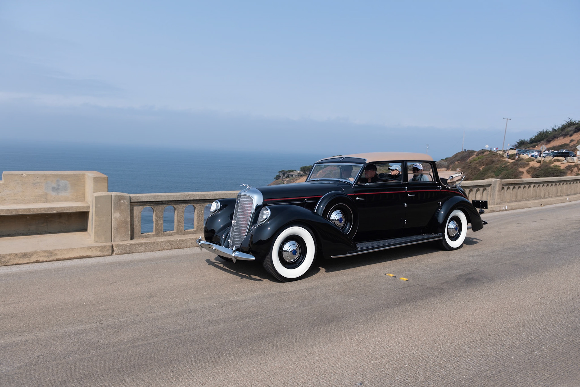 The first Lincoln K V12 with Brunn Touring Cabriolet coachwork was that of Herman Brunn himself. This body style was then offered in the Lincoln catalog in 1937, ’38 and ’39. Ten of these luxurious motorcars were built in 1937, and they were at the time the most expensive Lincoln cars ever made. This cabriolet has several interesting features, including a roof with tinted glass skylights above the windshield in order to see traffic lights more easily as well a convertible rear section that folds down so the rear passengers can get some sun. Inside, a hand-cranked divider window separates the driver from the passengers. In 1939, a similar Lincoln K V12 with fully convertible phaeton coachwork was offered by Edsel Ford for the use by King George VI and Queen Elizabeth when they visited the United States and Canada.