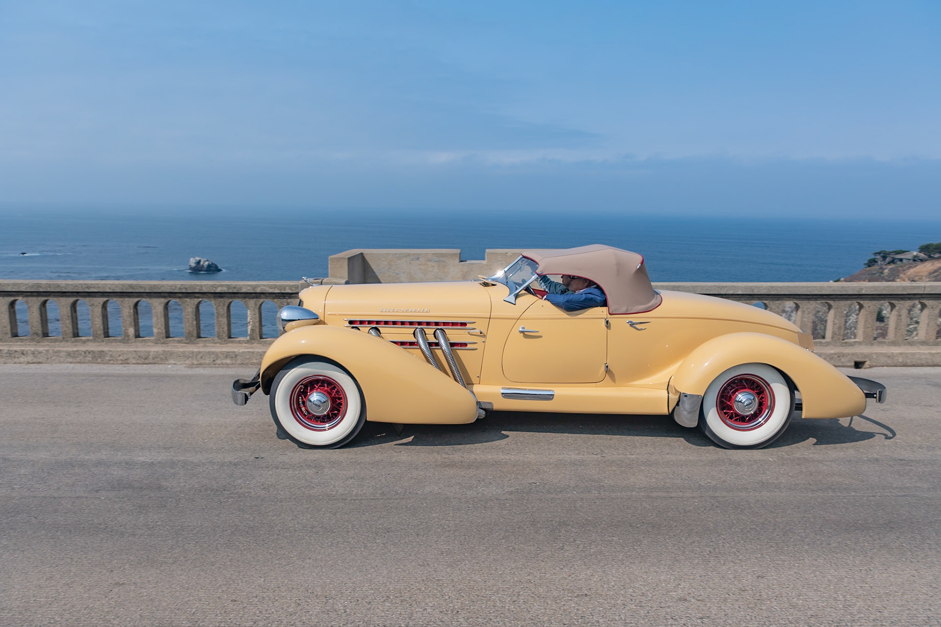 Alan Leamy began work as a designer at Auburn Automobile Company in 1928 and styled the marque’s early speedsters. But the later Auburn 851 Speedster was styled by ex-Duesenberg designer Gordon Buehrig and is considered to be his masterpiece. His Auburn 851/852 Speedsters had pontoon fenders and no running boards. The streamlined 2-seater was powered by a 150 hp supercharged Lycoming 8-cylinder engine and was the first stock American car to be timed at over 100 mph for a 12-hour period. Fresh from its frame-off restoration, this very pure 851 Speedster is shown exactly as it was when new, painted in its original colors and with its correct interior trim. Interestingly, this car was originally owned by one of the Auburn’s test drivers.