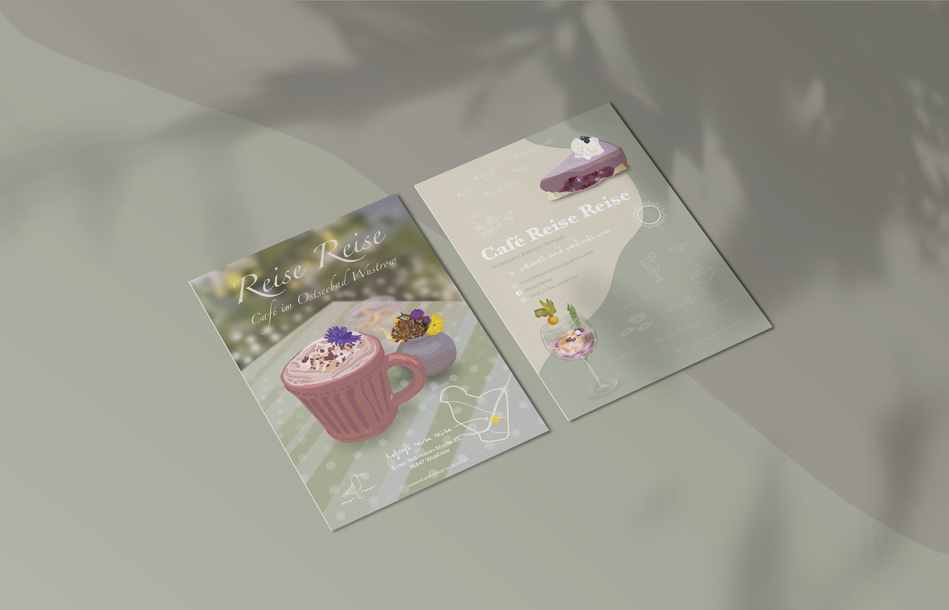 Flyer mit Illustrationen für das Café Reise Reise in Wustrow, gestaltet von Tina Thalmann