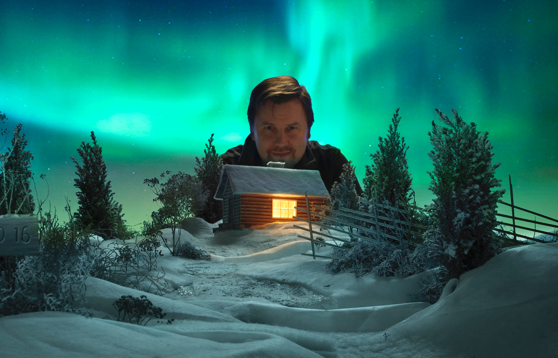 Snowy cabin prop building for a video shoot