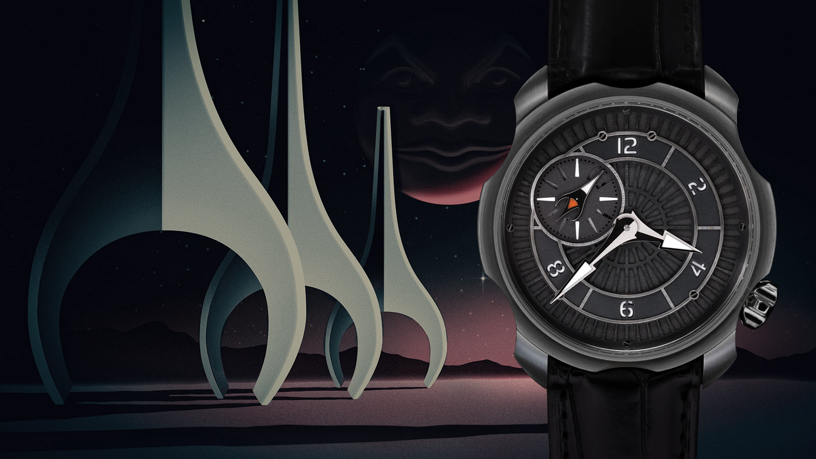 Sarpaneva Stardust Nostromo features monochrome metallic dial with multi colored luminated hands and indexes.