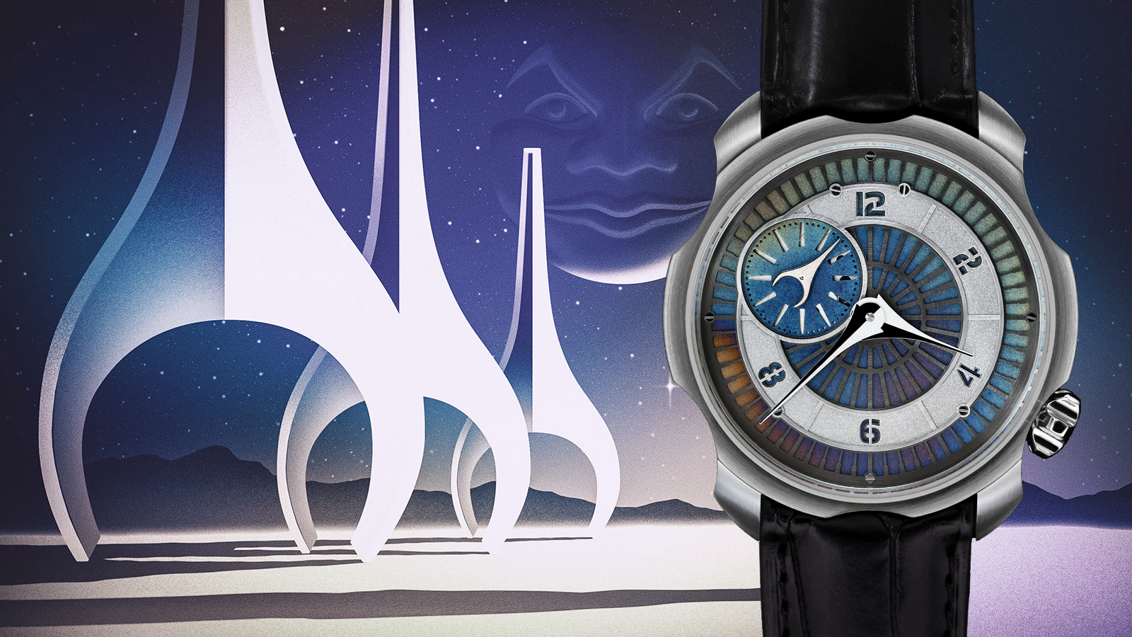 Sarpaneva Stardust features a heat treated titanium dial base bringing out unique color patterns.