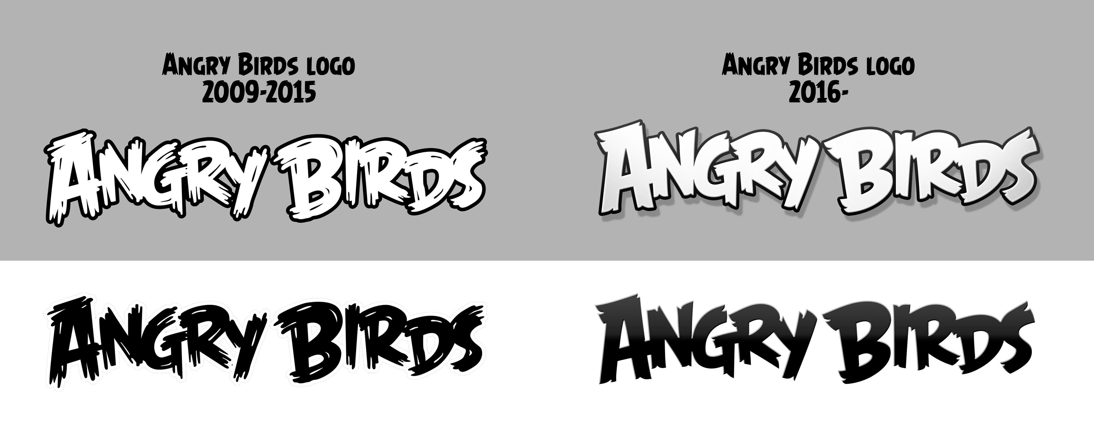 The original Angry Birds logo was streamlined and simplified to serve better in various sizes and printing techniques. The silhouette was kept very similar, and the letters got feathery details just like in the Angry Birds Flock font family.
