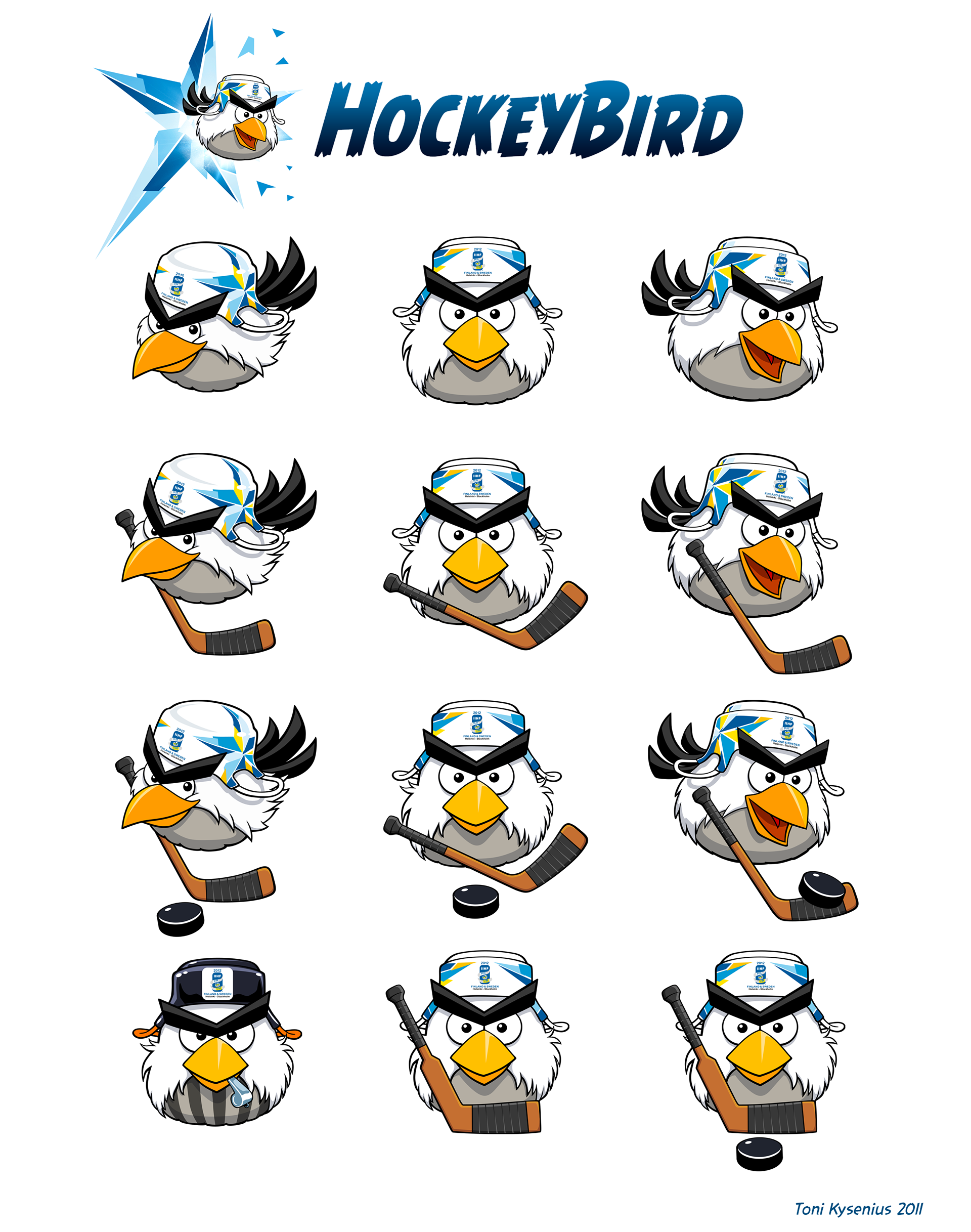 All character illustrations I made for Hockeybird. He was later drafted to NHL and the helmet would always carry the different teams colors.