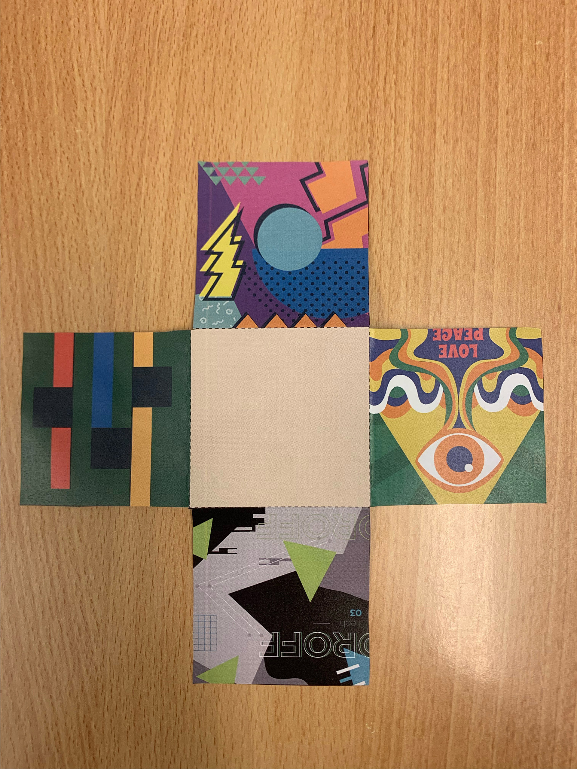 Print - From left and clockwise - Swiss style, Pop art, Psycadelic, New wave