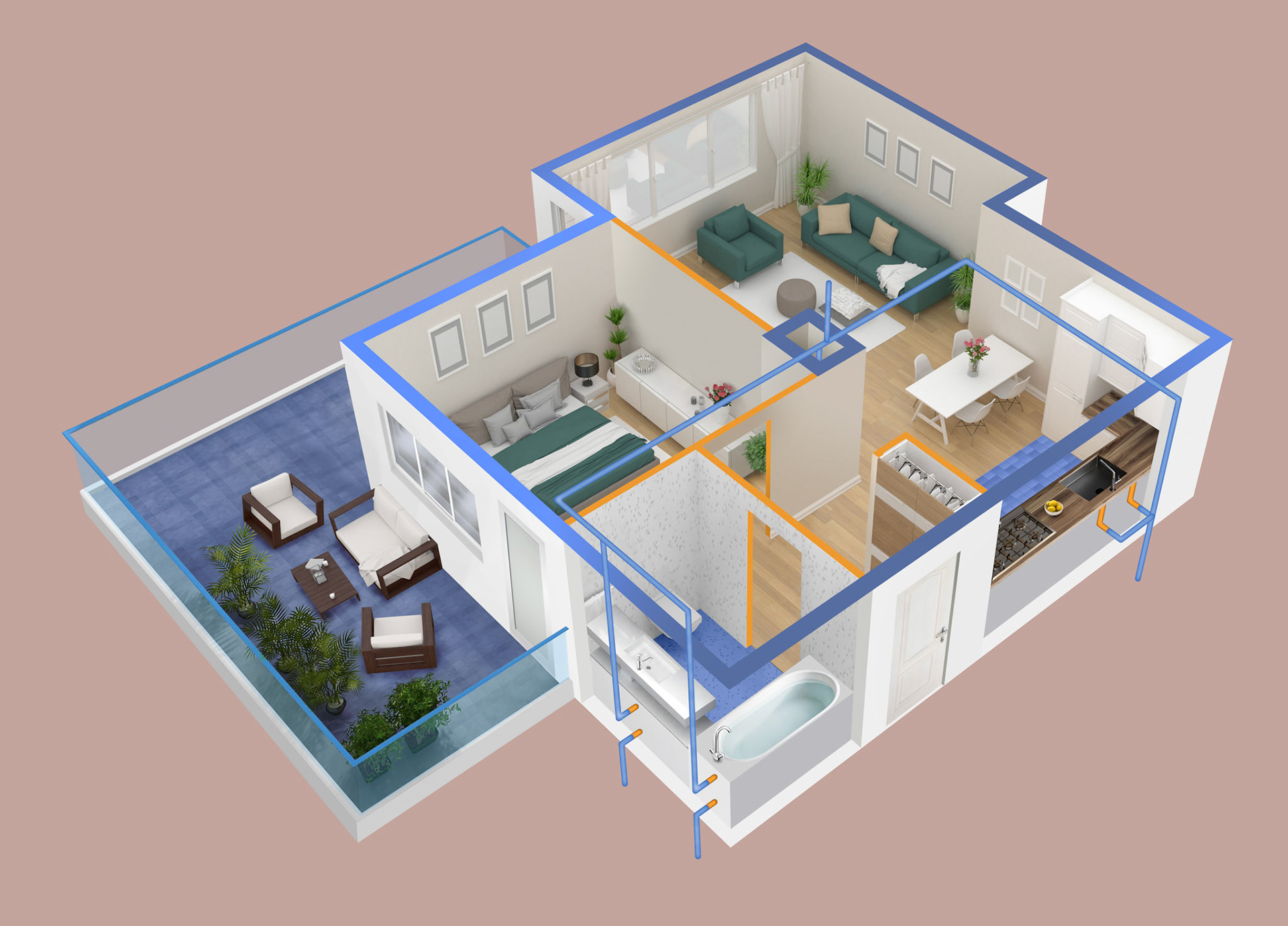 Floor plan top view. Apartment interior isolated on white background. 3D render