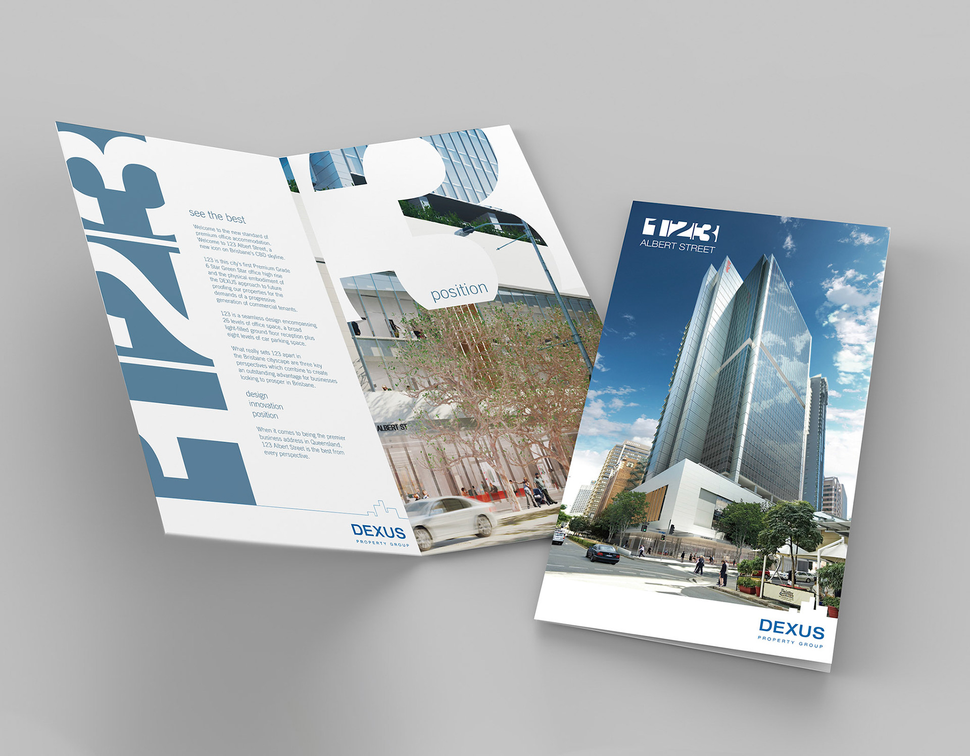 Bi fold or  Vertical half fold brochure mock up isolated on soft gray background. 3D render illustration