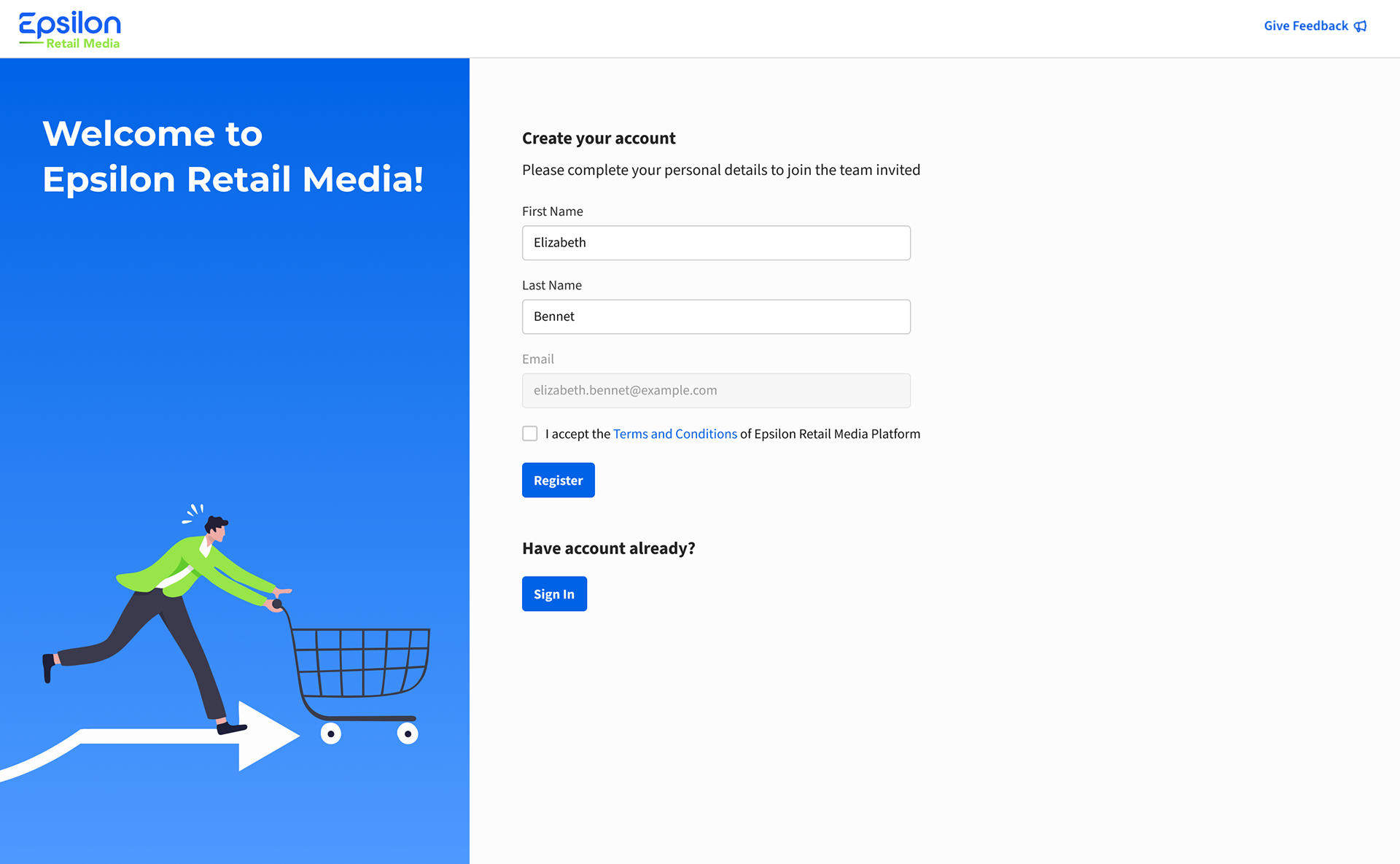 Account creation page (by invitation only)