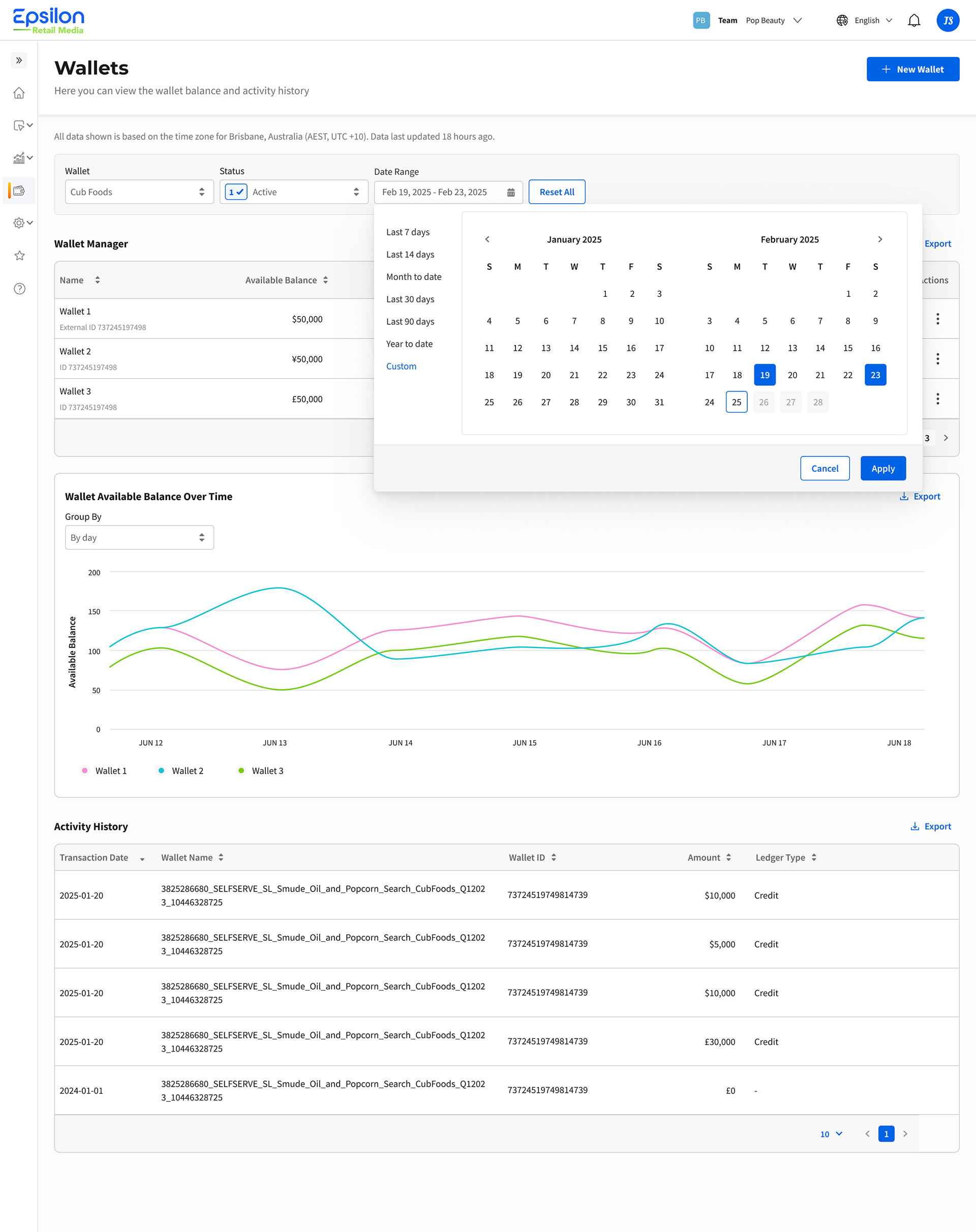 Wallets page with datepicker