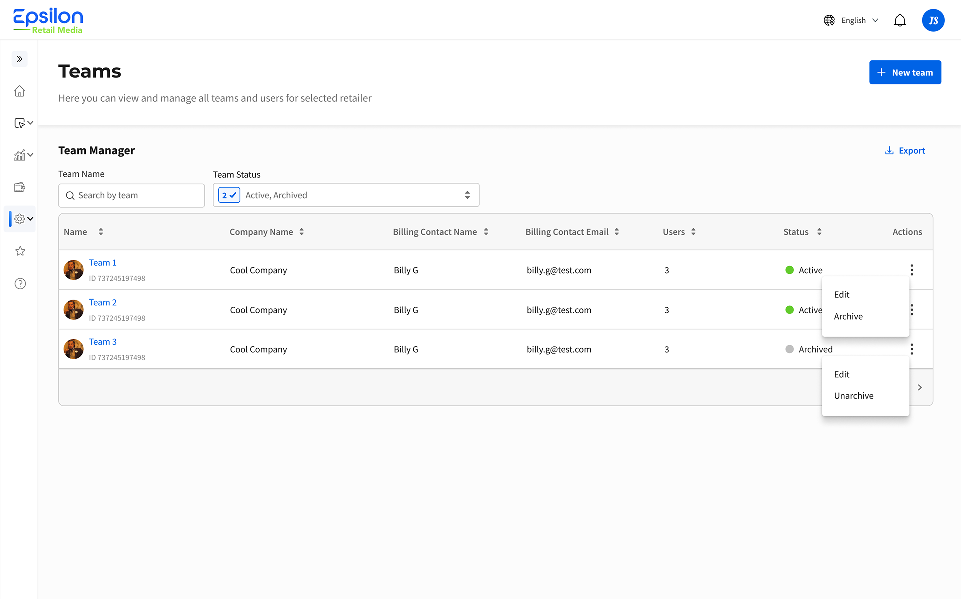 Team management page