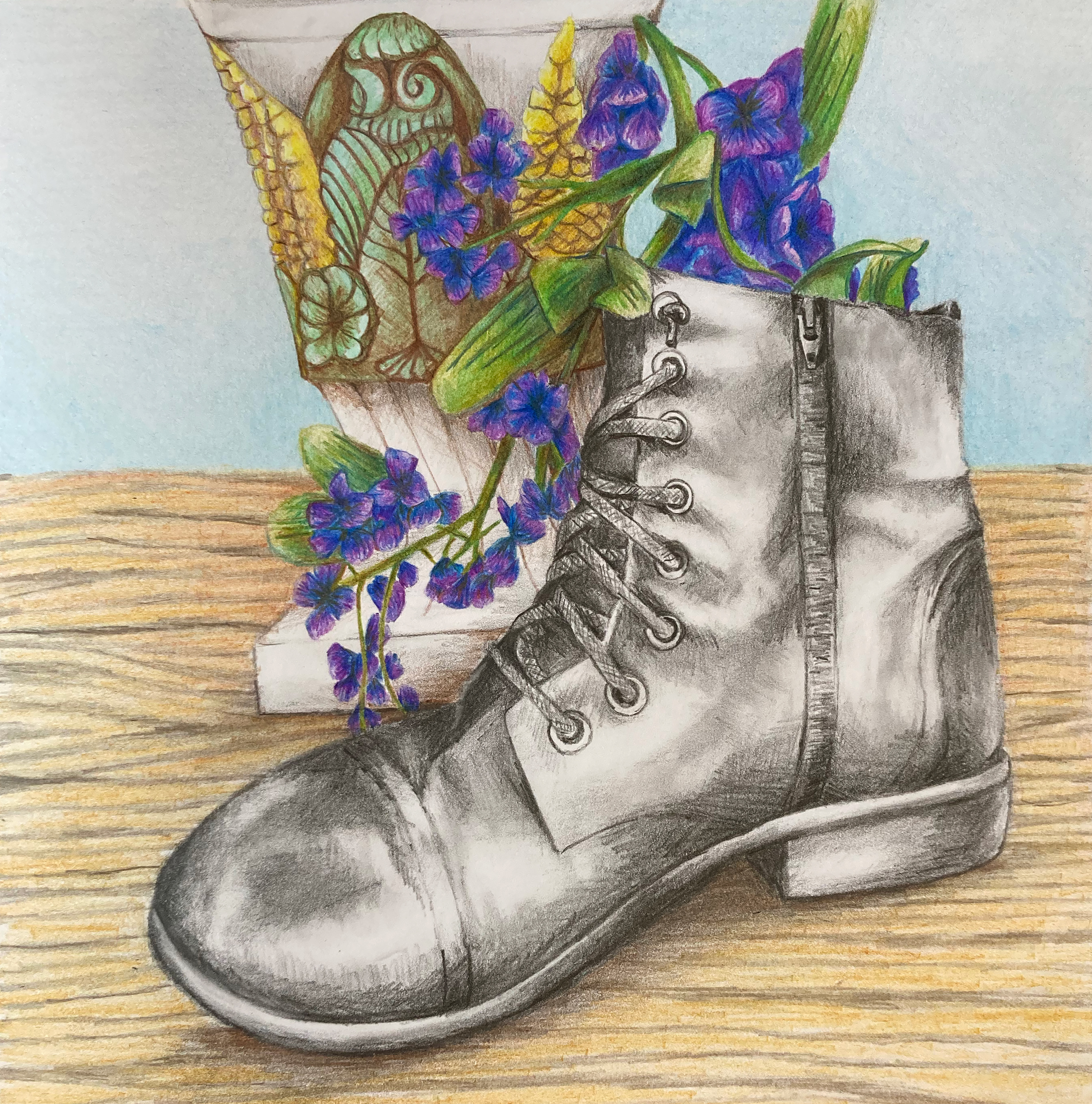 Old Boot, Graphite & Colored Pencil on Paper, 10 x 10 in.