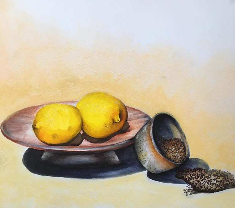 Studio Still Life, Lemons & Coffee, Mixed Media on Paper, 11 x 14 in.