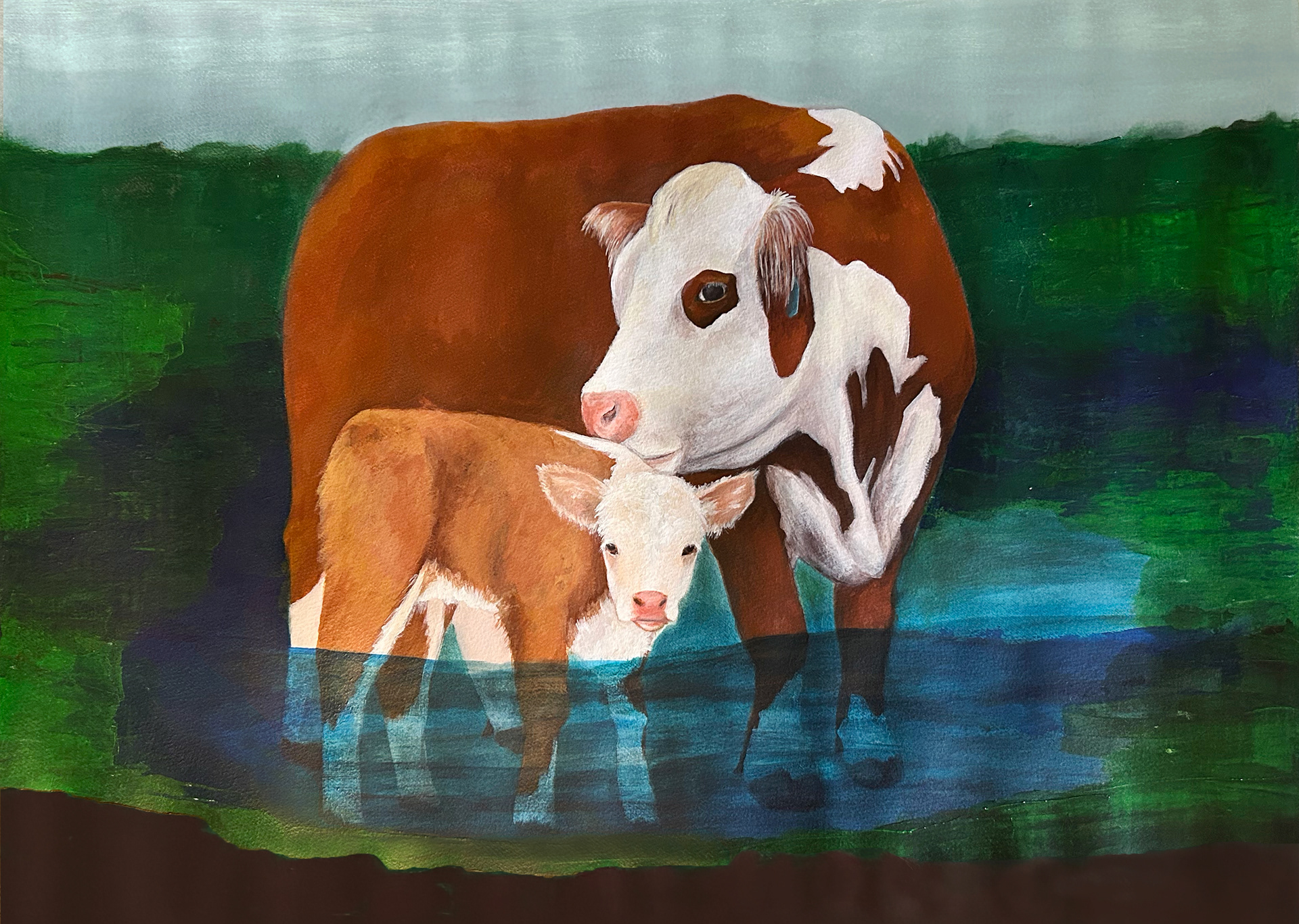In Hot Water, Mama & Calf, Acrylic on Paper, 22 x 30 in.