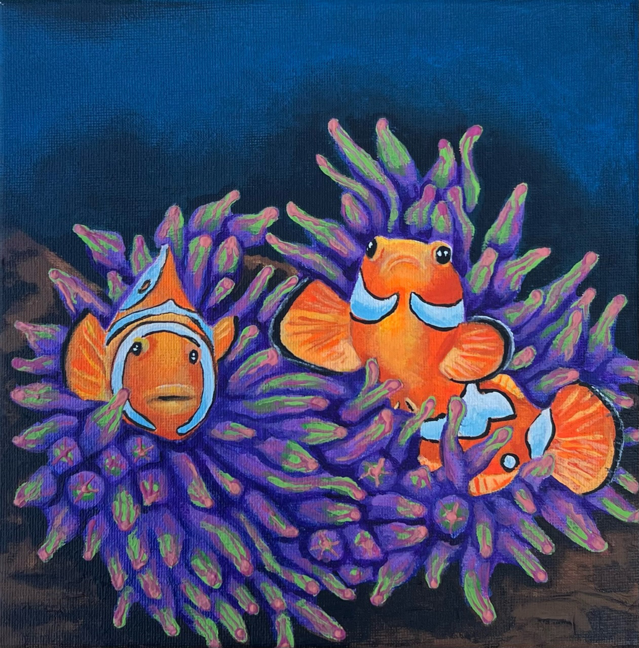 Dancing Clowns, 8x8 Acrylic on Canvas, Contact for availability