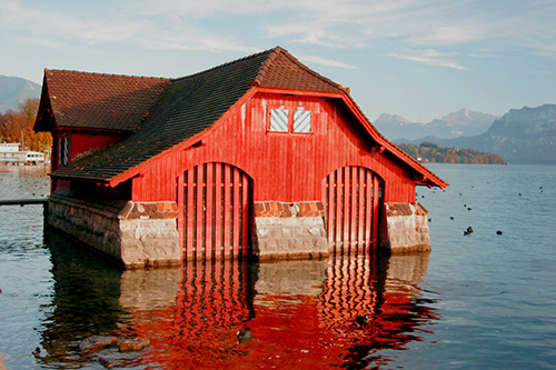 Red Boathouse at Interlaken, SW. waterfront; UA-92916515-1